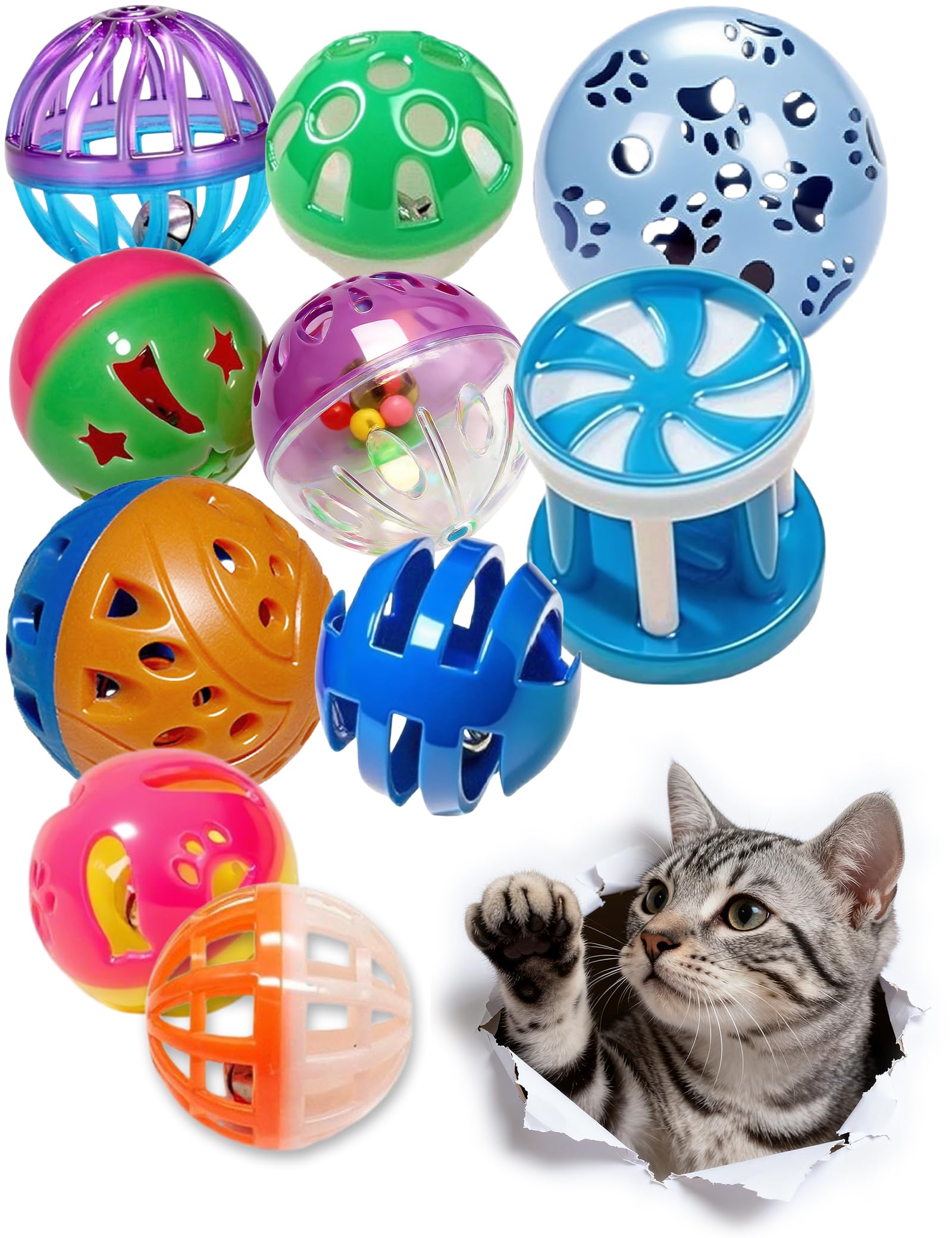 HEUHAI 10-Pack Cat Toys Indoor Bored Kitten, Plastic Lattice Jingle Balls, 10 Styles Colorful Interactive Balls for Kitties (1.5'' - 2.1'')