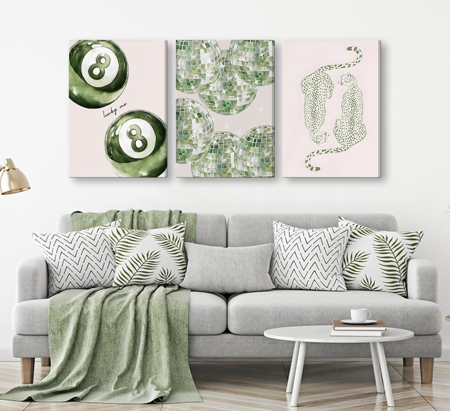 3Pcs Framed Trendy Leopard Disco Ball Canvas Wall Art Sage Green Lucky Poster Prints Preppy Ace Cards Wall Decor pictures for Girly Bedroom Apartment Dorm Decoration Green 16x24 canva
