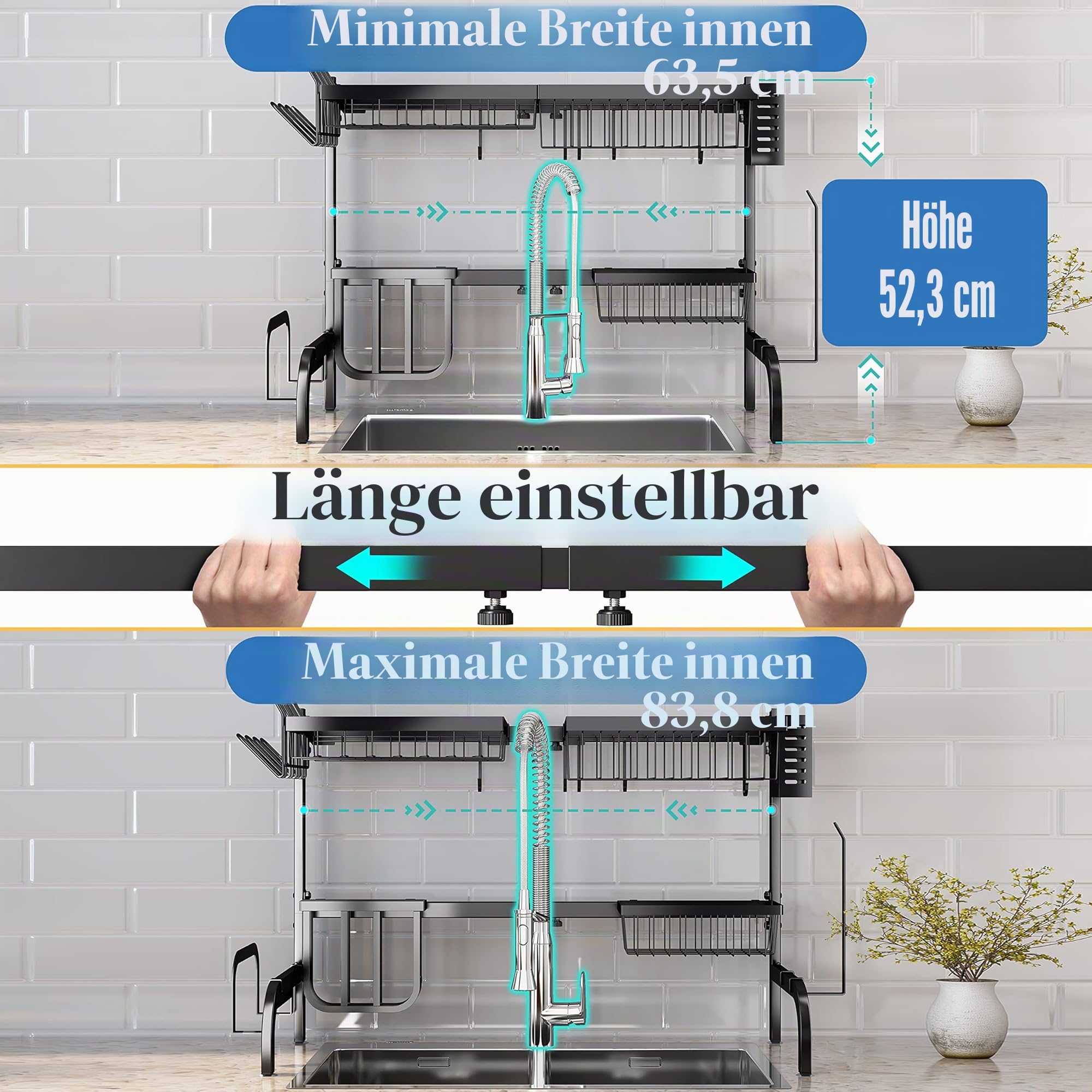 Abtropfgestell für Spüle, verstellbar von ca. 65-85 cm, 2-stöckig, Metall, Stahl-Abtropfgestell für Arbeitsfläche mit Haken, Papierhandtuchhalter und Utensilienhalter, Spülbecken-Caddy, schwarz