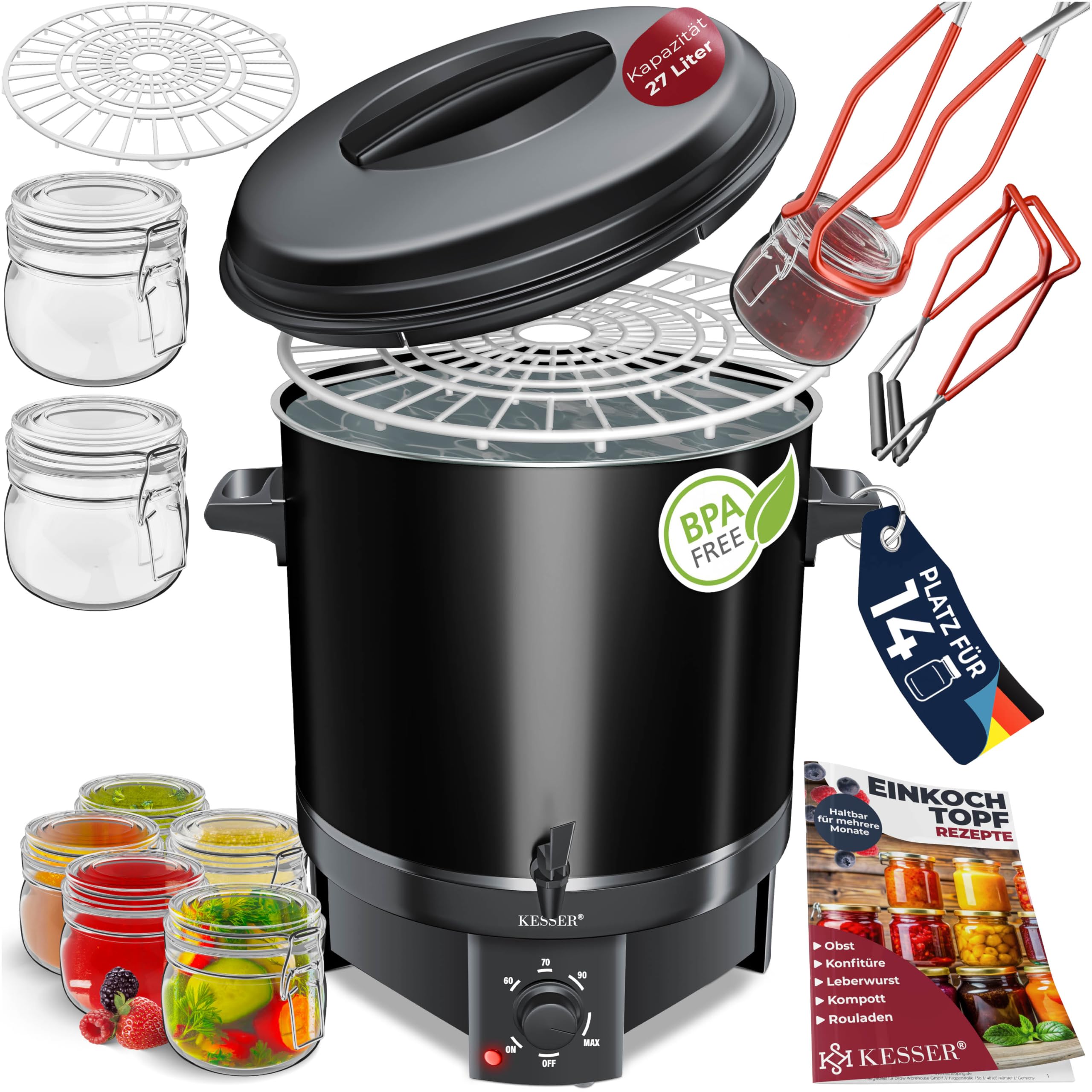 KESSER Einkochautomat 27 Liter, Edelstahl| 1800 Watt | Temperatur von 30-100°C | Dauerbetrieb | Abschaltautomatik Einkochvollautomat Heißgetränkeautomat Glühweintopf mit Zange & 2 Gläsern, schwarz