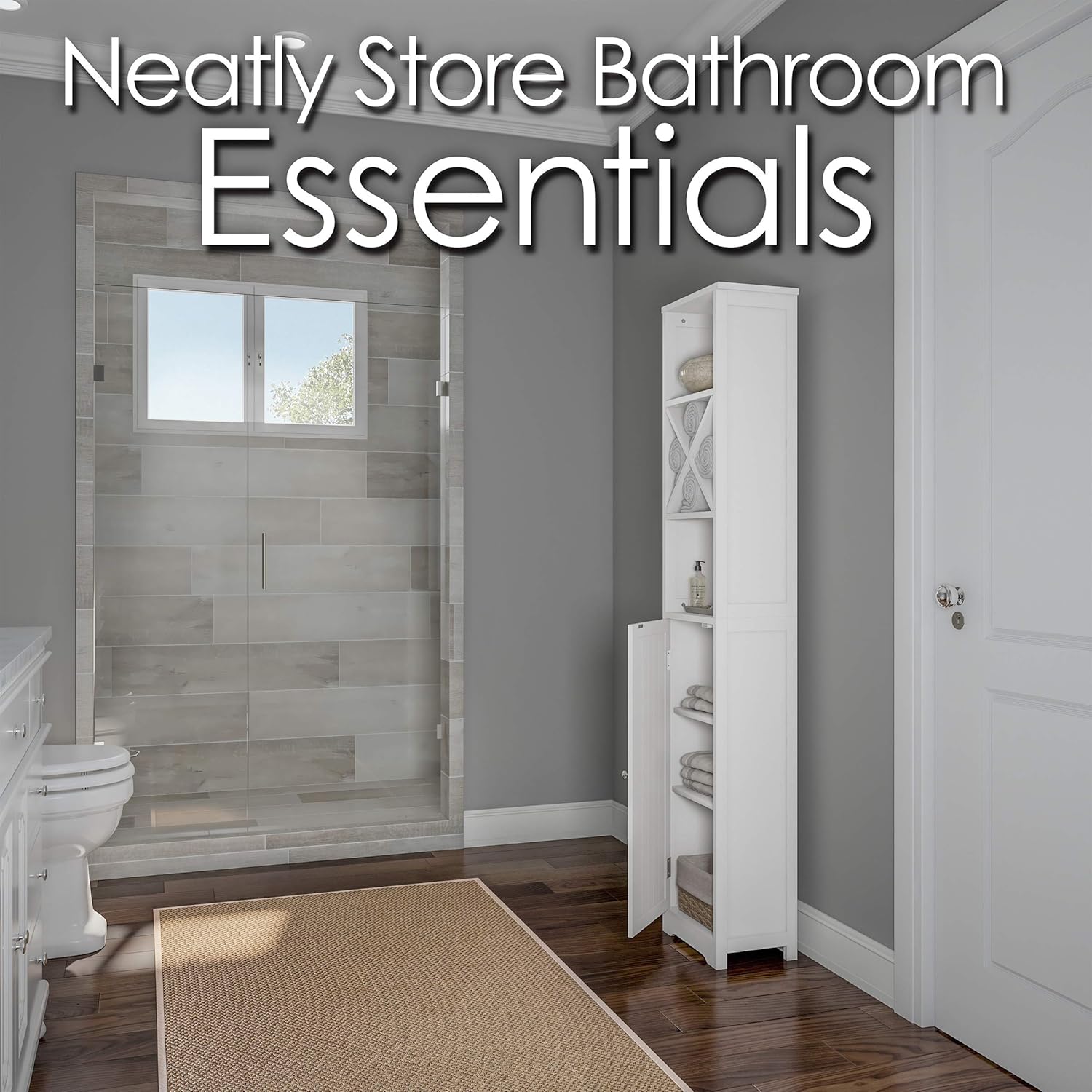 Linen Tower- 67” Tall Bathroom or Laundry Room Storage Cabinet with Cubbyhole Divider for Towels-Adjustable Shelves & Cupboard by Lavish Home (White)