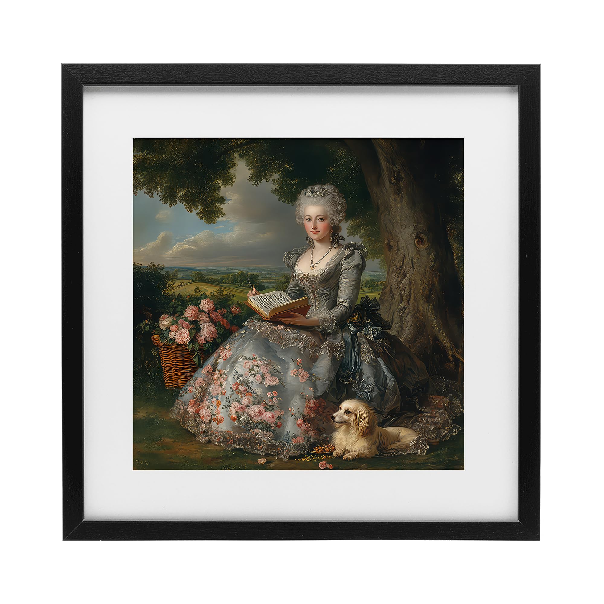 Stupell Industries Midnight Black (Textured) 'Reading Rococo Lady With Dog'| Framed Print Under Glass