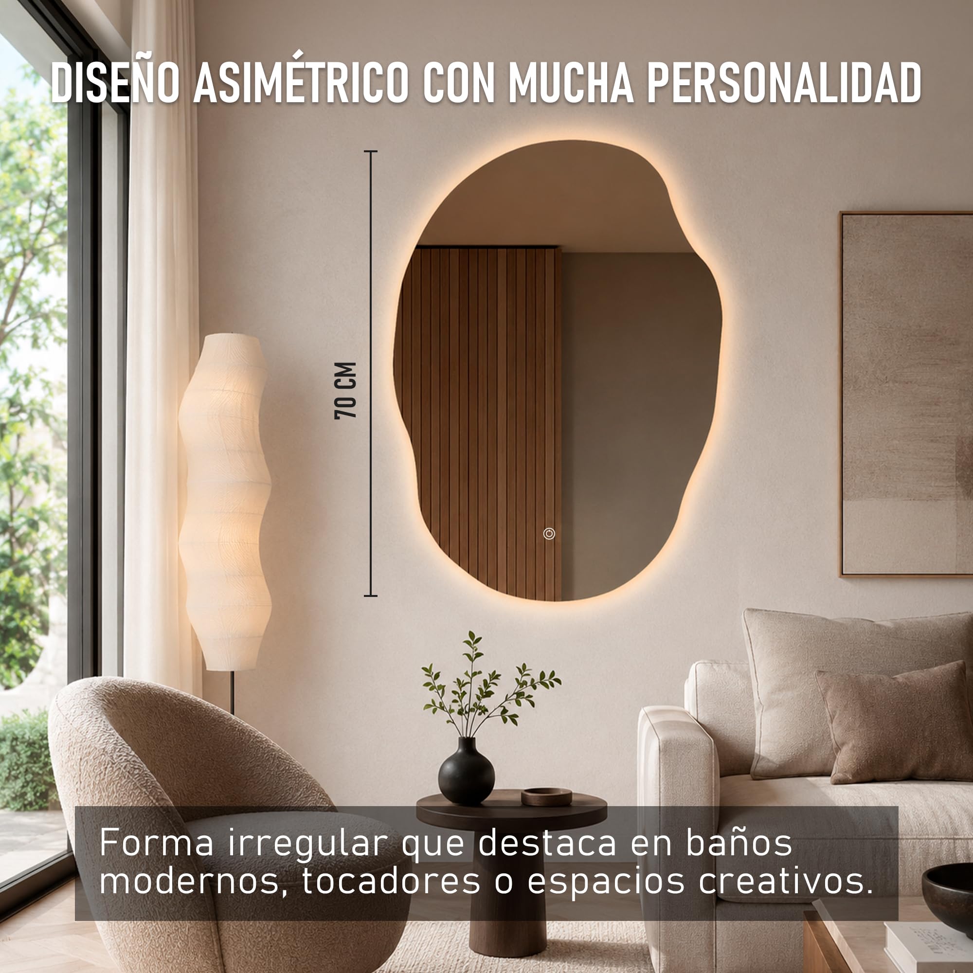 Espejo LED con Antivaho y Control Táctil, 50 x 70 cm (Irregular) | Luz Cálida, Neutra y Fría, Brillo Regulable, Memoria, Apto para Ambientes Húmedos, Enchufe y Tornillos Incluidos