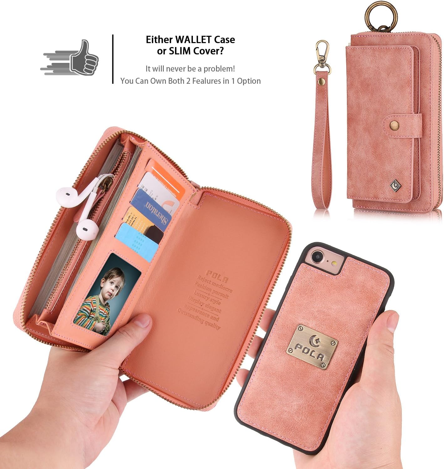 iPhone 7 Case, iPhone 8 Case, iPhone SE 2020 Wallet Case, XRPow [2 in 1] [Magnetic Detachable] Zipper Wallet Folio Case [Wrist Strap] Slim Shock Back Cover with Credit Card Purse (4.7Inch) - Rose Gold