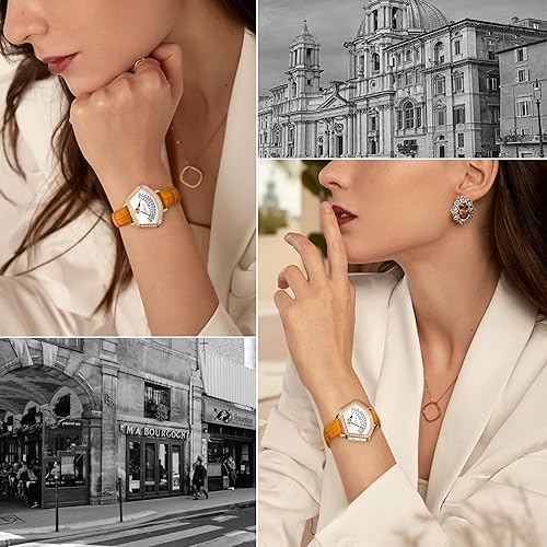 Miniatura 6 de T-ENGINE Relojes de pulsera para mujer, relojes de pulsera de cuarzo para mujer, correa de cuero, esfera en forma de abanico con superficie de