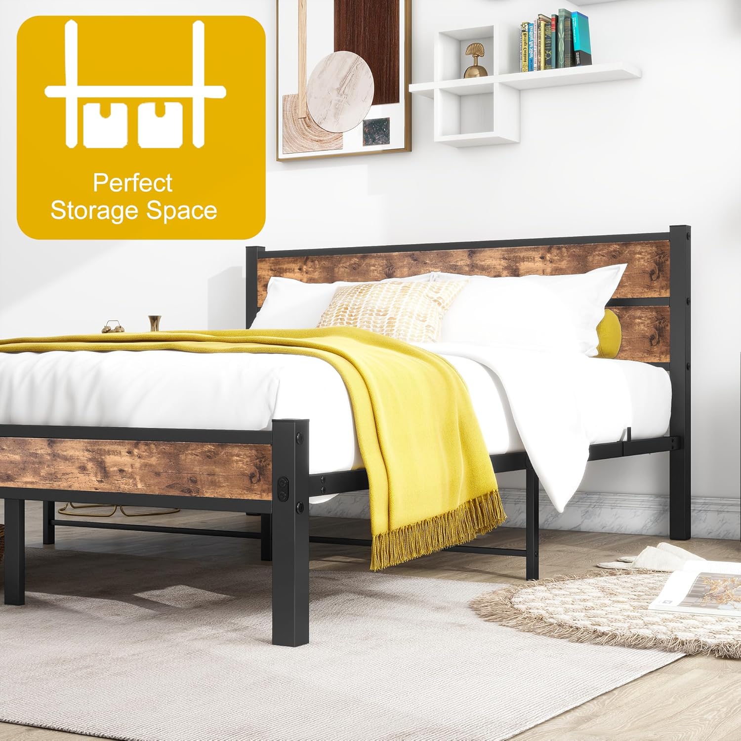 DUMEE Double Bed Frame with Wood Headboard and Footboard, Metal Full Bed Frame Under Bed Storage, No Box Spring Needed, Enhanced Support Noise Free (Black+Brown Oak) - Image 7