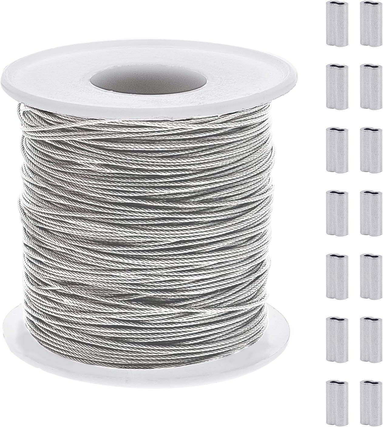 AHANDMAKER 304 Stainless Steel Wire Cable, 393 Ft Length 1/32 Wire Rope with 50 Pcs Rectangle Aluminum Crimping Sleeves for Party Decro String, Clothesline, Easy to Hang