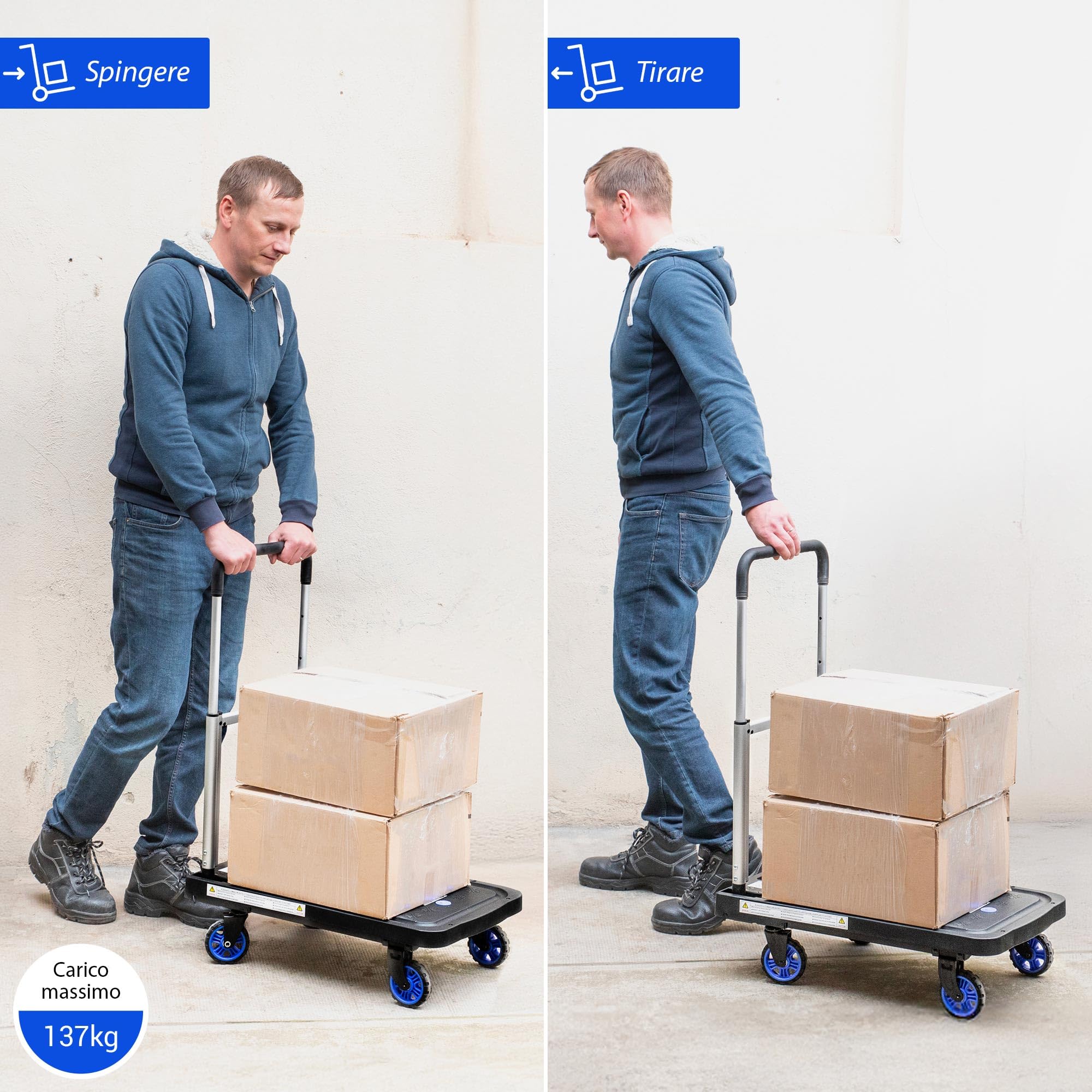 HOSTRÖM Carrello pieghevole a rotelle, trasporto materiali e traslochi, manico telescopico, portata max 137 kg, 5 anni garanzia.