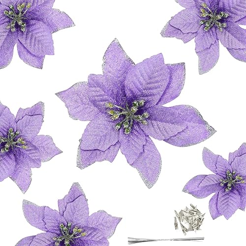 Miniatura 10 de Flores artificiales con brillos de 5 in para decoración navideña de bodas árbol de Navidad coronas ornamento rojo 6 unidades