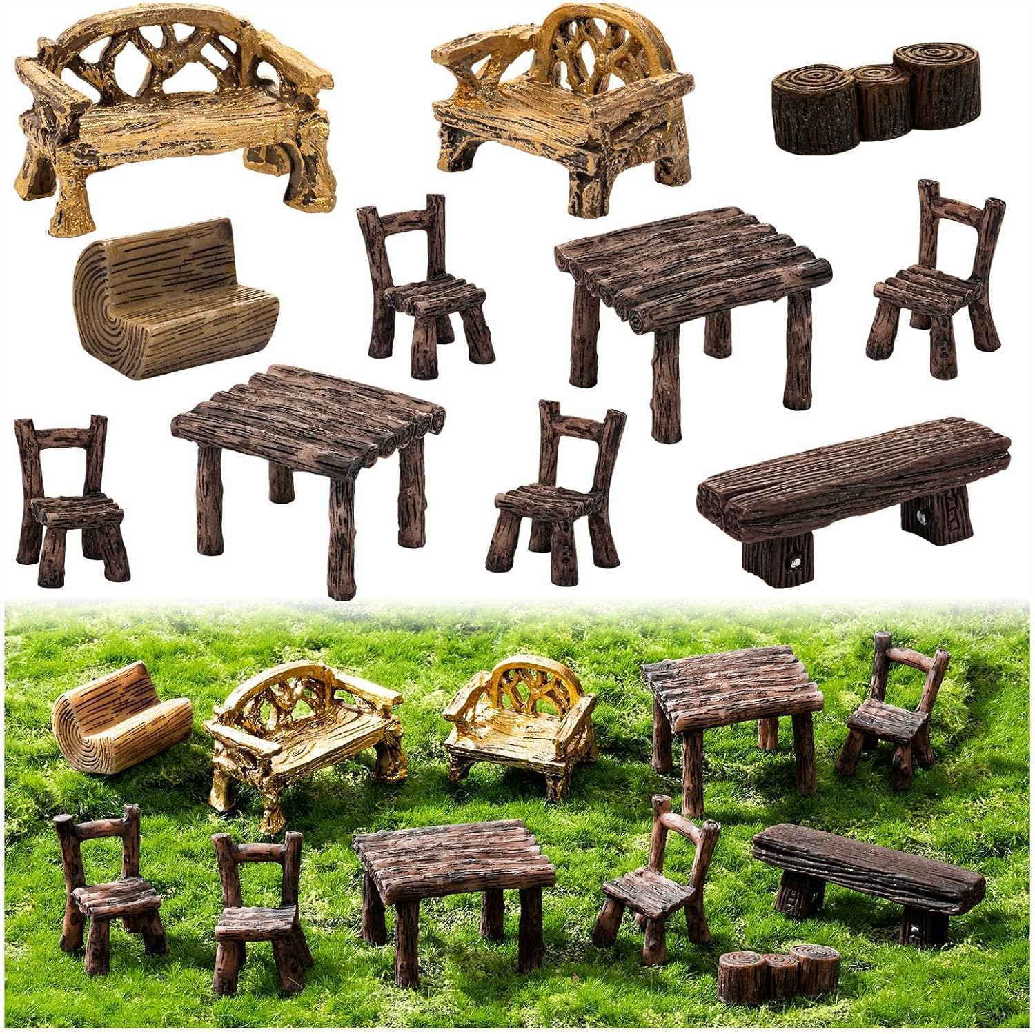 11Pieces Fairy Garden Furniture Ornaments, Miniature Garden Table and Chairs Set, Village Micro Resin Bench Chair Kit for Dollhouse Accessories Home, Micro Landscape Decoration (Vintage Style)
