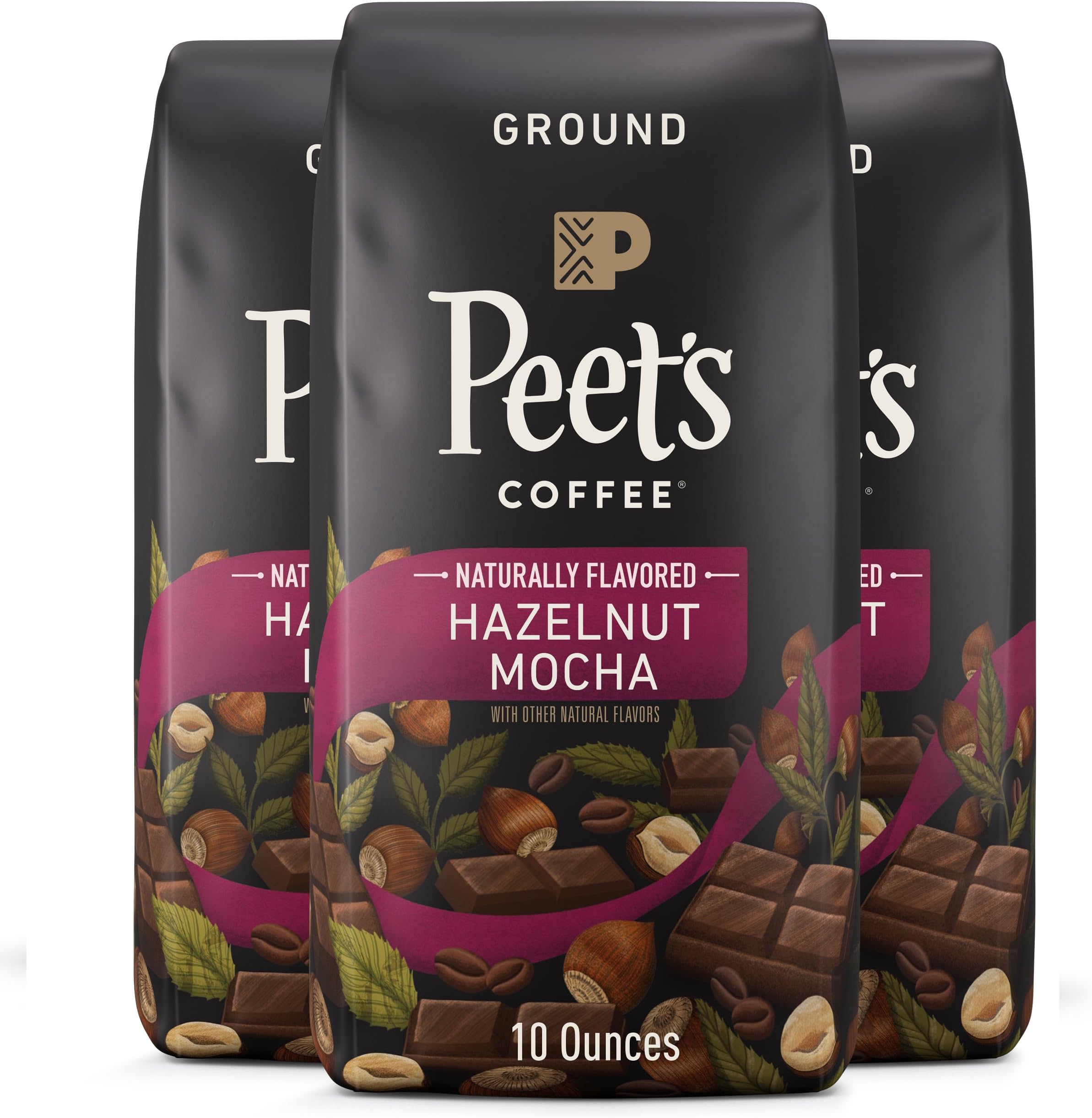 Peet's Flavored Coffee, Hazelnut Mocha Ground Coffee, 30 Ounces (Three Bags of 10oz), Light Roast