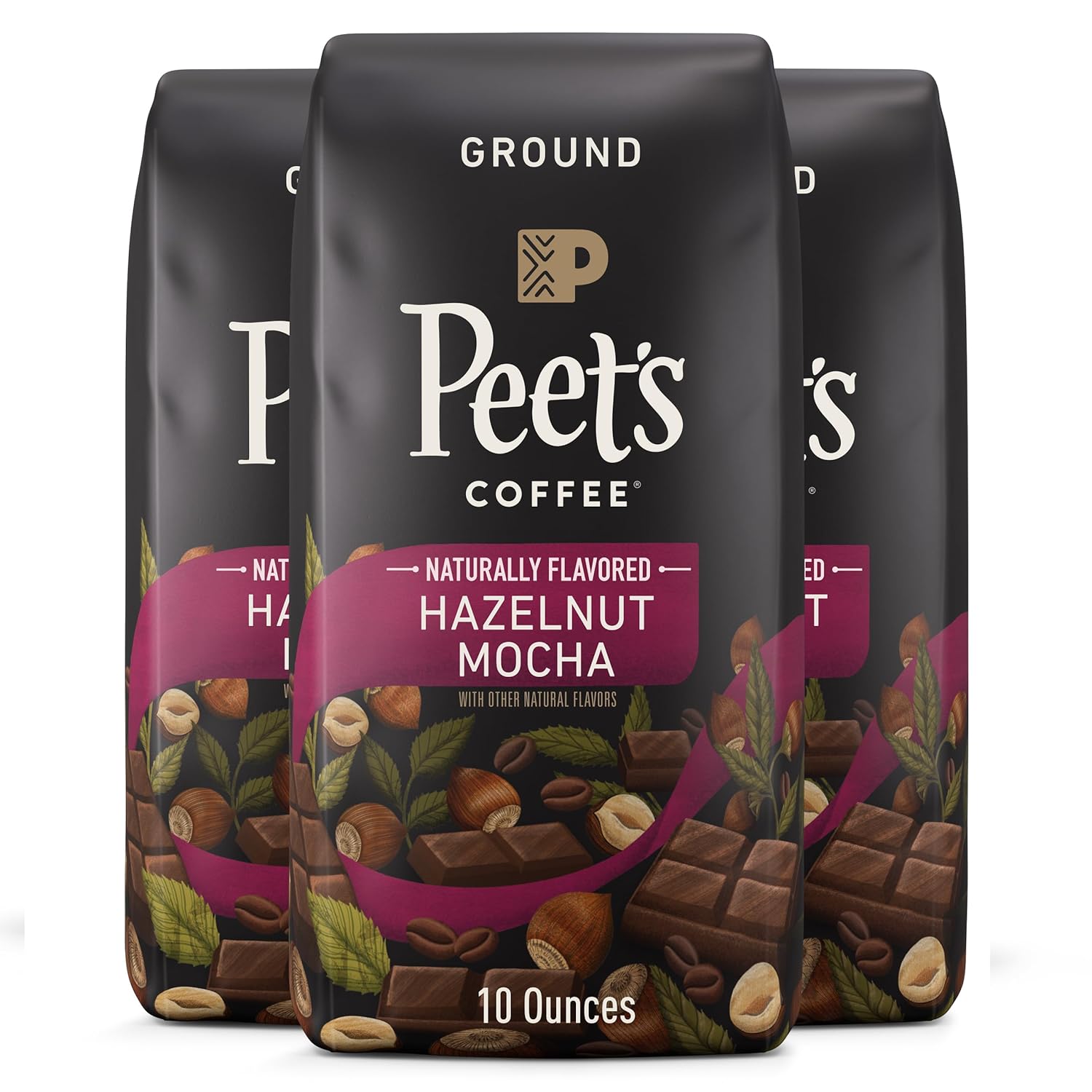 Peet’s Coffee, Hazelnut Mocha Light Roast Ground Coffee – 30 Ounces (3 Bags of 10 Ounces)