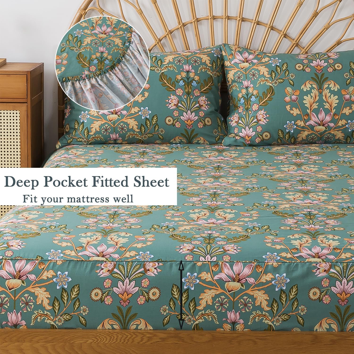 FADFAY Queen Sheet Set, Floral Sheets 4-Piece 100% Percale Cotton Bed Sheets Deep Pocket Fitted Sheet, Boho Vintage Teal Blue & Orange Country Style Bedding Soft Breathable