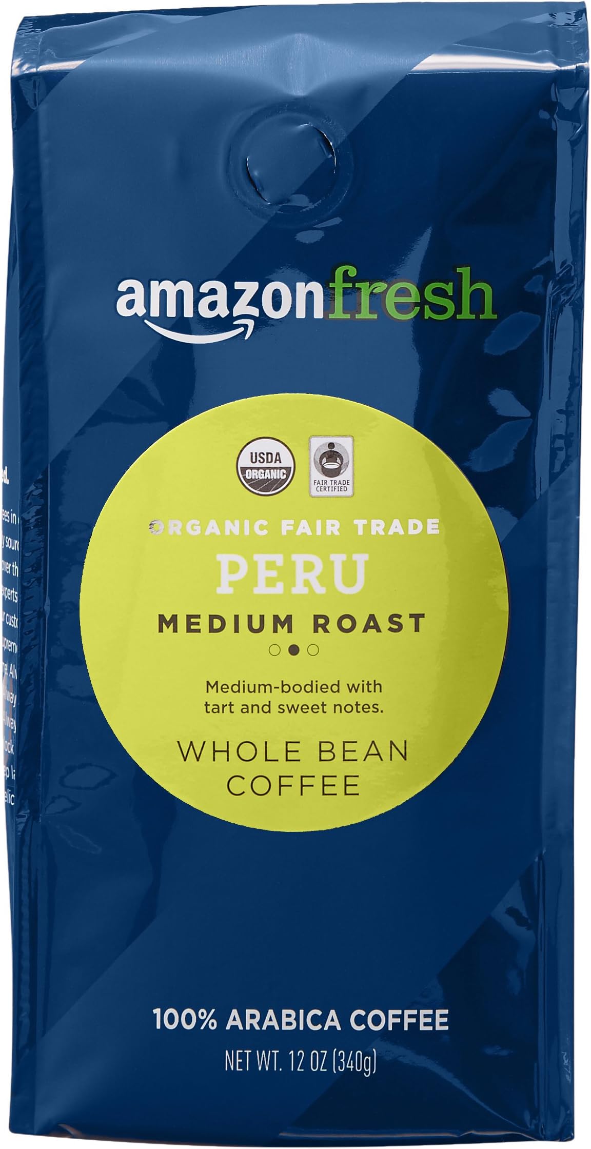 Amazon Fresh, Organic Fair Trade Peru Whole Bean Coffee, Medium Roast, 12 Oz