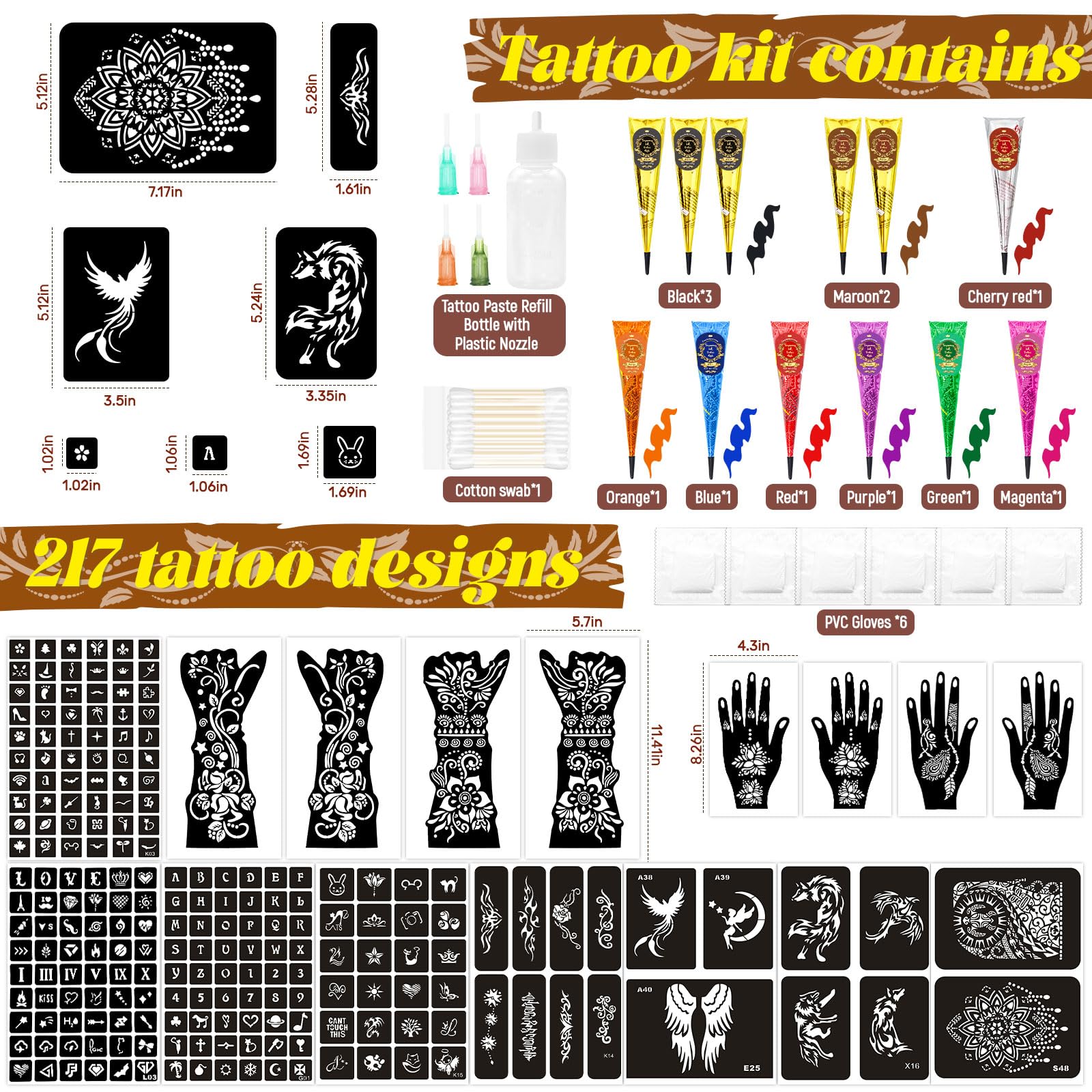 217 PCS Temporary Tattoo Stencil Kit with 12 Tattoo Cones in 9 Colors,16 Sheet Designed Tattoos Pattern Templates for Kids Adults Body Art DIY Skin Painting Gifts Set for Party Festival - Image 2