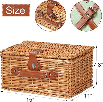 Wicker Picnic Basket for 2, Handmade Willow Hamper Basket Sets 2 Person Picnic Basket with Utensils Cutlery Perfect for Picnic, Camping