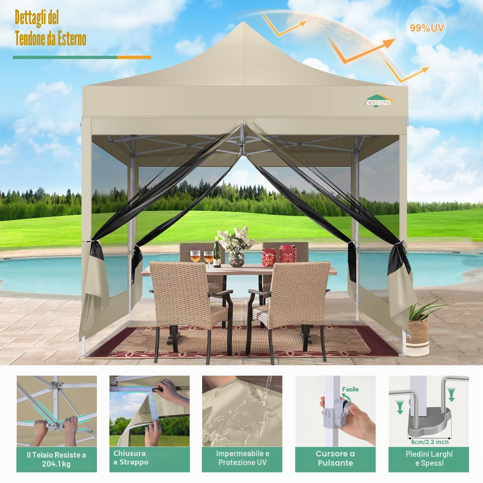 COBIZI Gazebo 3x3 Pieghevole Impermeabile, Esterno Resistente con Zanzariera Parete Laterale,Tende per Gazebo,Tendone Padiglione Pop Up per Feste Campeggio con Borsa(3 per 3m Cachi)
