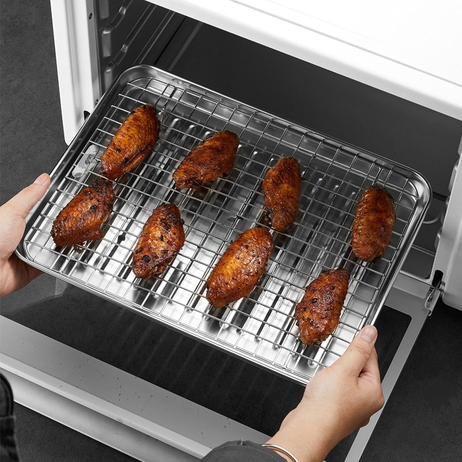 304Stainless Steel Baking Tray Baking Plates BBQ Tray with Removable Cooling Rack Baking Pan Sheet Oven Dishwasher