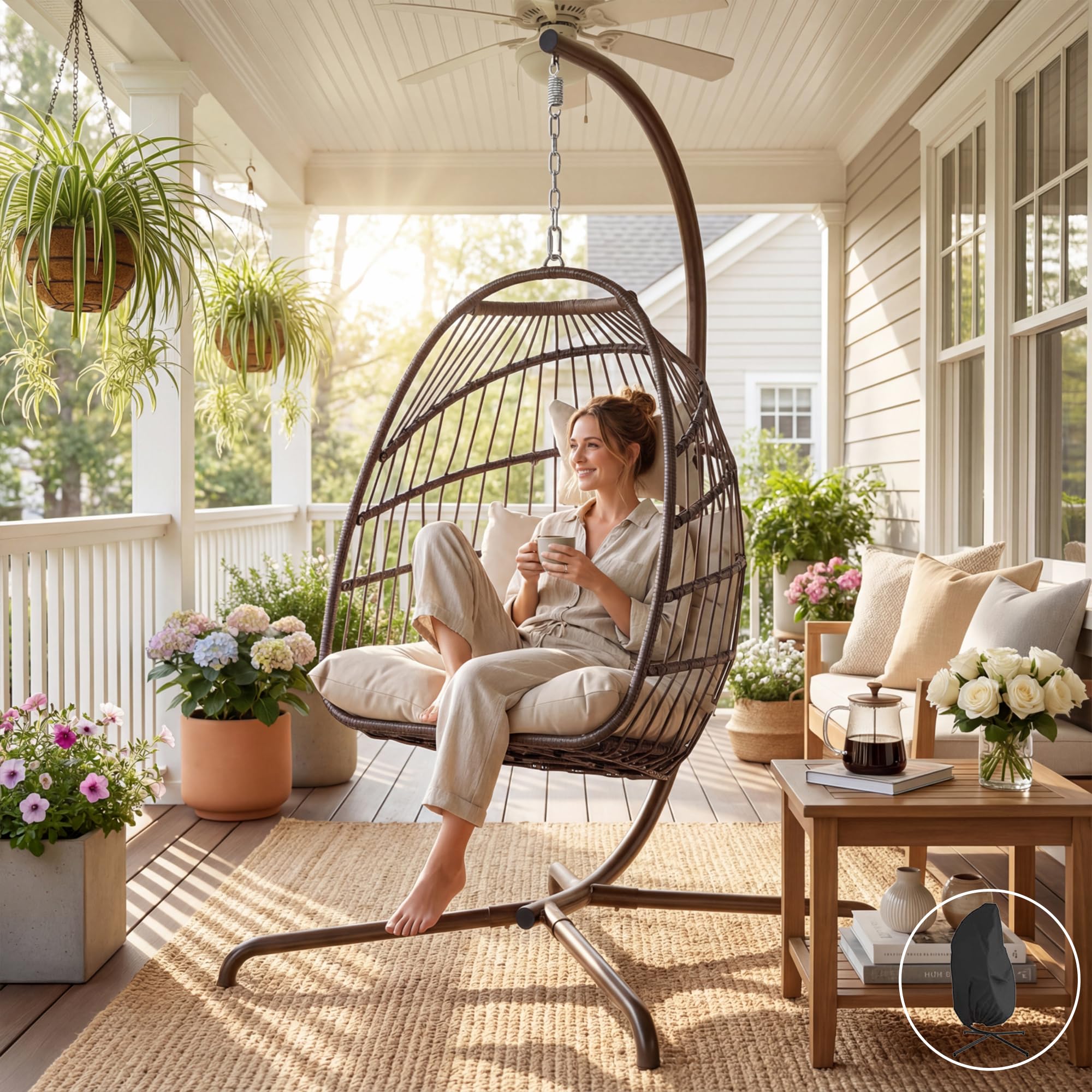 NICESOUL Outdoor Egg Hanging Chair with Stand, Indoor Wicker Swing Egg Chair with Stand 350lbs, Patio Swinging Hammock Chair for Outside, Egg-Shaped