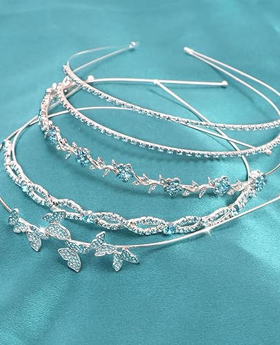 Miniatura 6 de Wecoe Paquete de 4 tocados nupciales de diamantes de imitación azul claro  Diademas de metal con hojas de mariposa de cristal para mujeres, niñas,