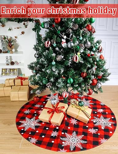 Miniatura 2 de Falda de árbol de Navidad, 48 pulgadas, falda de árbol a cuadros rojos y verdes con diseño de copo de nieve y reno, falda grande de árbol de Navidad