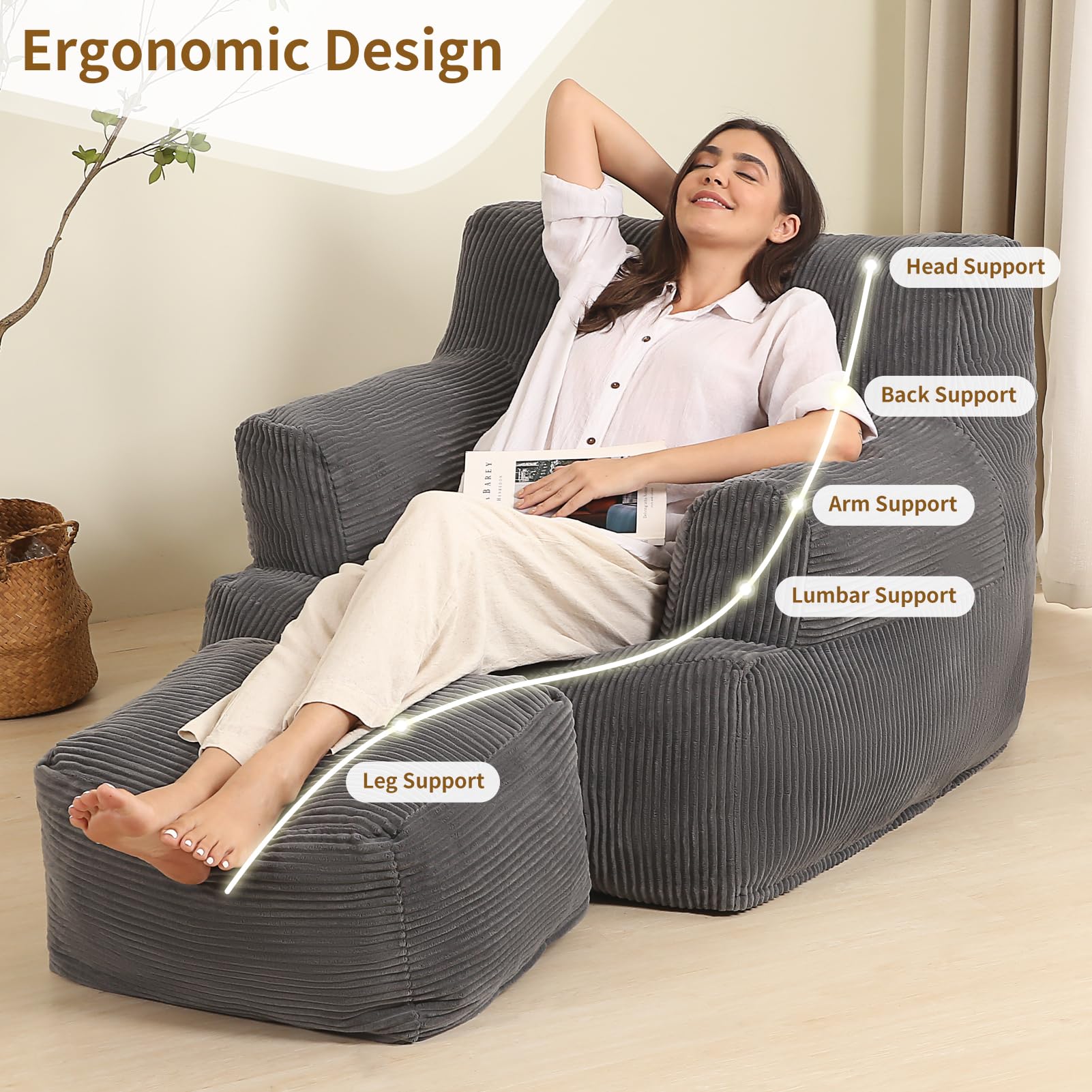 MOMCAYWEX Comfy Gaint Bean Bag Chair with Ottoman, Huge Bean Bag Armchair for Adults and Teens, Dark Grey