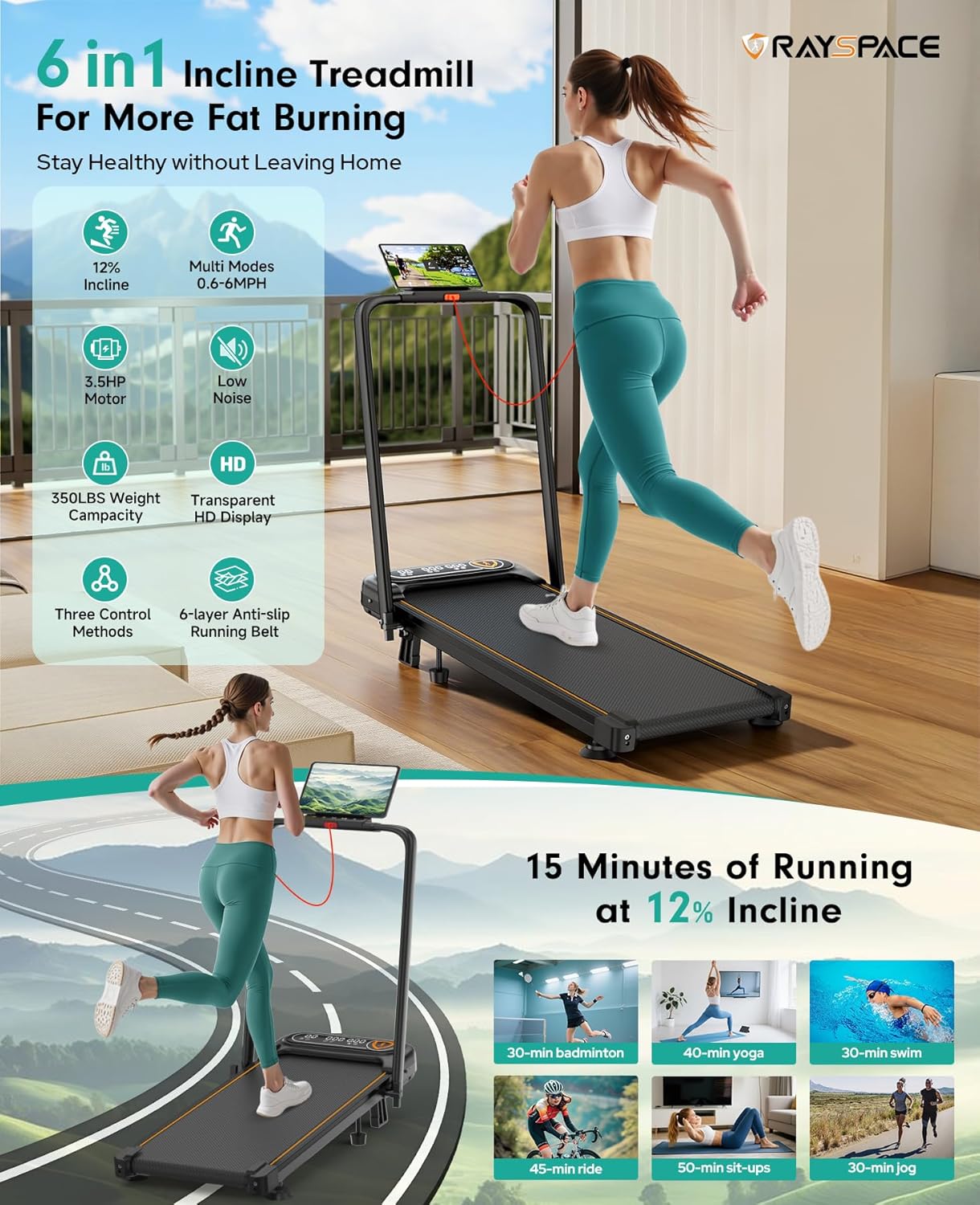 Foldable Treadmill with 12% Incline, 6 in 1 Folding Treadmill with Handle Bar for Home/Office,Under Desk Treadmills Portable Walking Pad with App, Upgrade 3.5HP Low Noise,Remote Control & LED Display, image 2