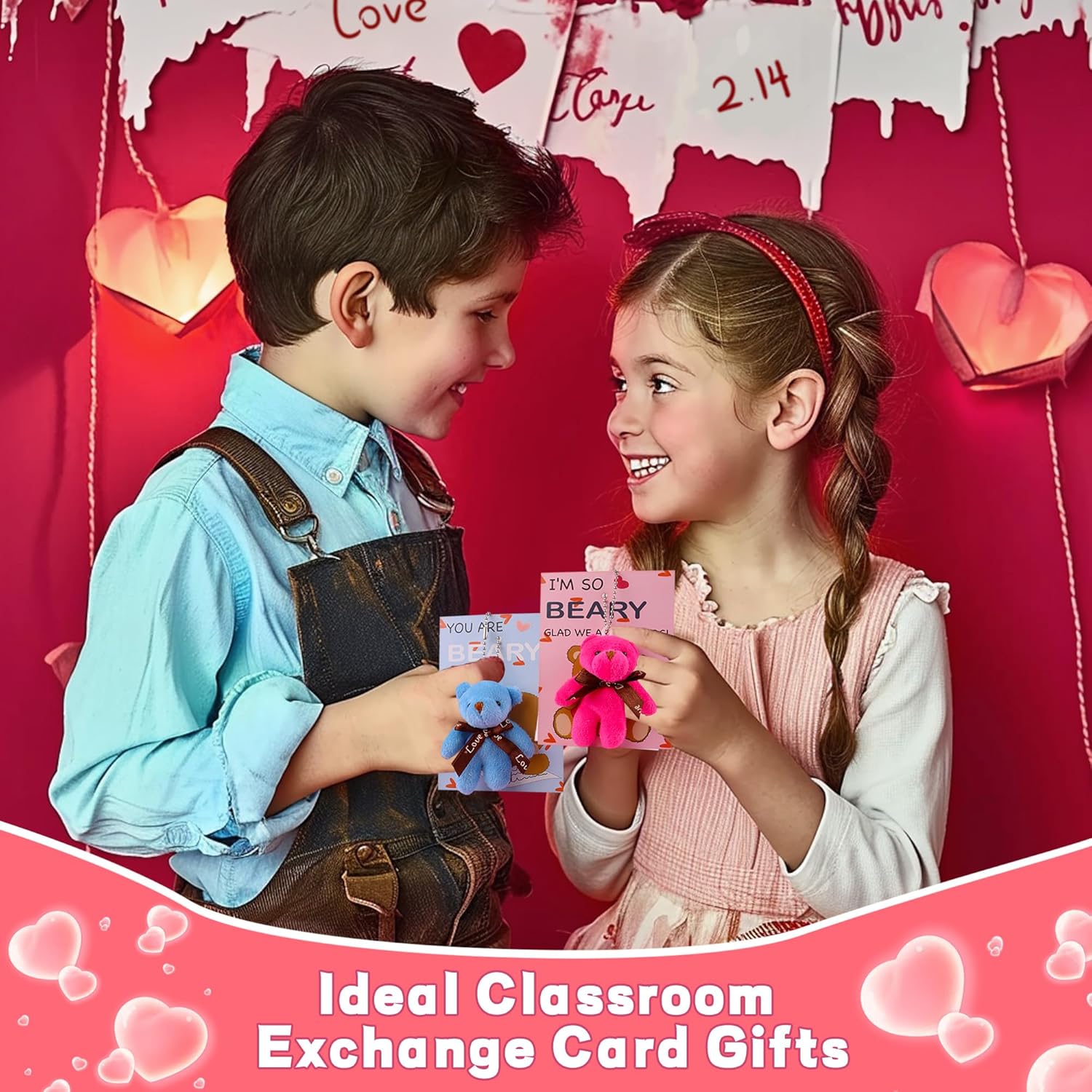 28 Pack Valentiens Day Gifts for Kids School Valentines Day Cards with Mini Bear Plush Toy Keychains, Valentines for Kids Classroom Valentines Exchange Gifts Class Valentines Party Favors for Boy Girl - Image 6