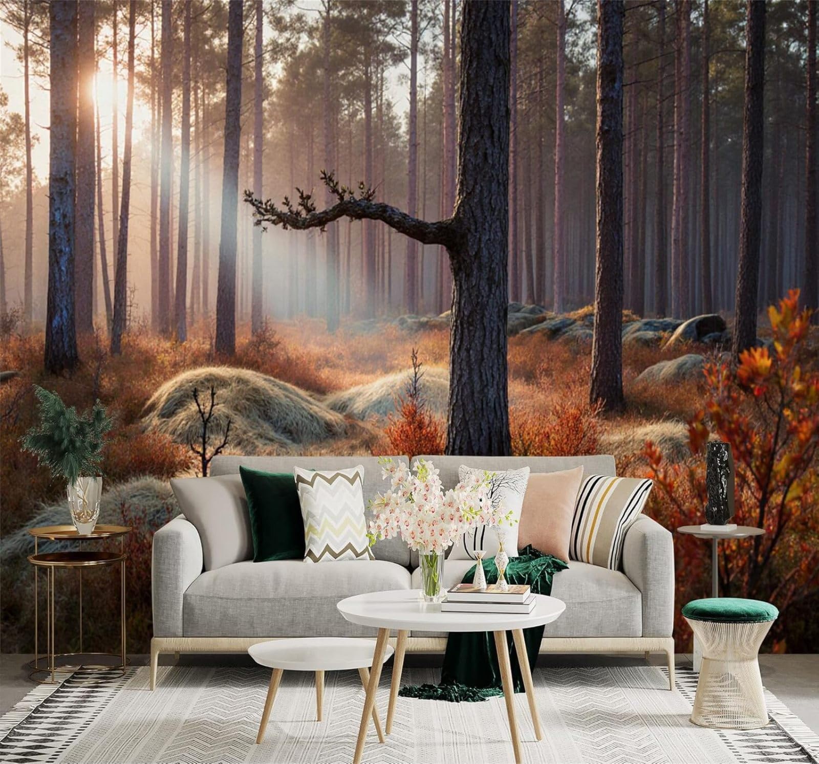 XLMING Autumn Sunshine Misty Forest Colourful Leaves 3D Wallpaper Premium Textured Silk Study Dining Living Room Bedroom Sofa TV Wall Easy Install-350cm×256cm