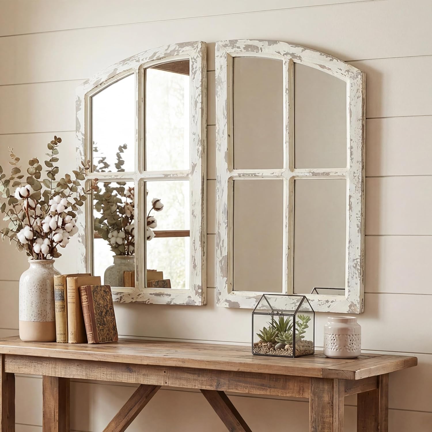 Flora Farmhouse Mirror, Decoration Wood Arch Window Wall Mounted Mirror for Kitchen Bedroom Living Room Wall Decor, Set of 2