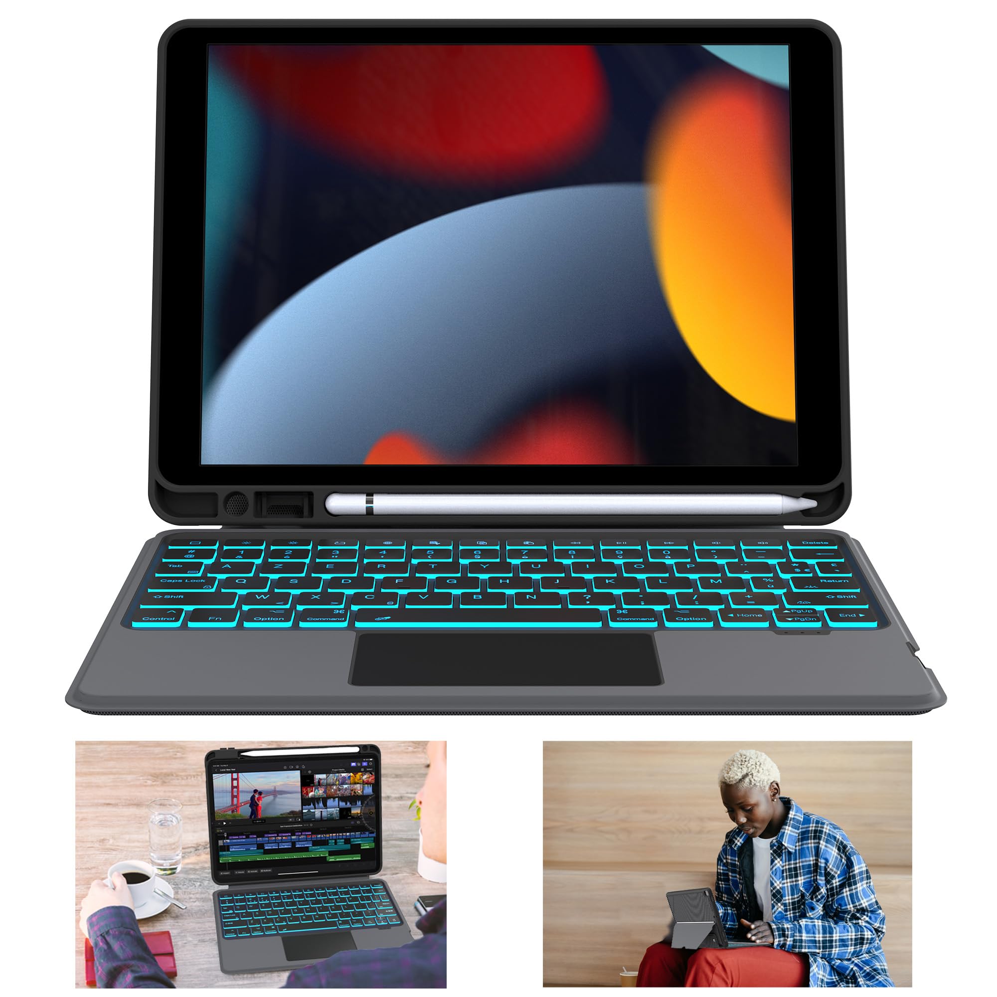 VANKEYPAD Coque clavier pour iPad 9e 2021/8e 2020/7ème 2019 Génération 10.2"/Air 3/iPad Pro 10.5 : Boîtier de clavier amovible rétroéclairé 7 couleurs - AZERTY Clavier à pavé tactile avec Pot à stylos