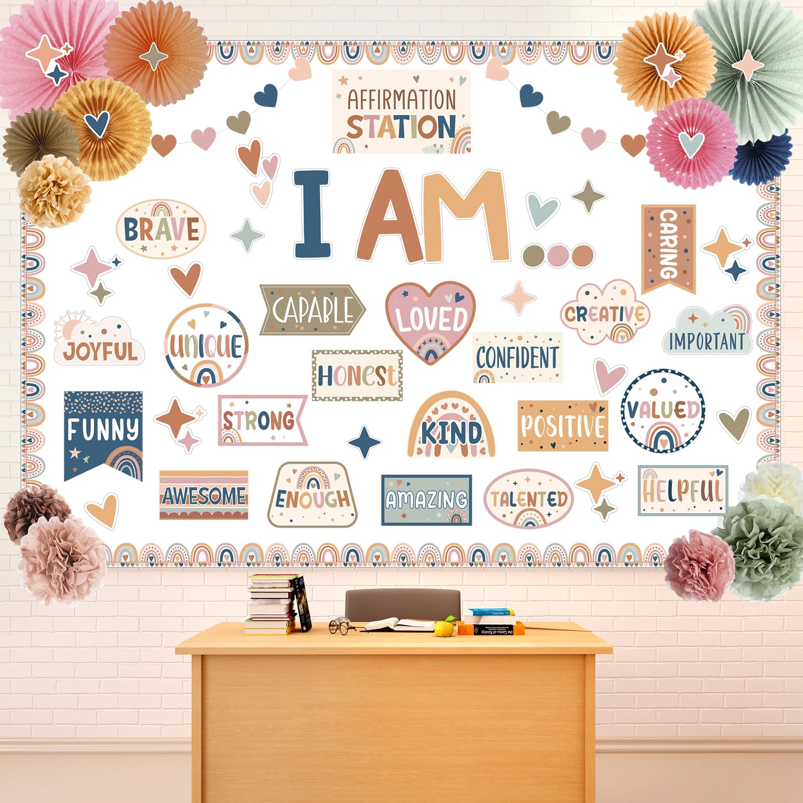 Pasimy Boho Affirmation Station Bulletin Board Set 3D Rainbow Motivational Classroom Decorations with Paper Fans Flower Ball I Am Positive Mirror
