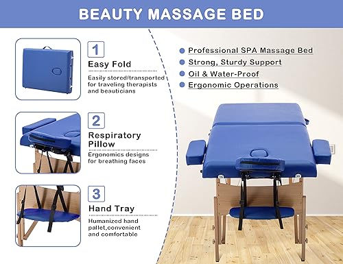 Miniatura 4 de Mesa de masaje plegable de 2 secciones, mesa de masaje portátil de altura ajustable, cama de masaje con bolsa de transporte, reposabrazos y