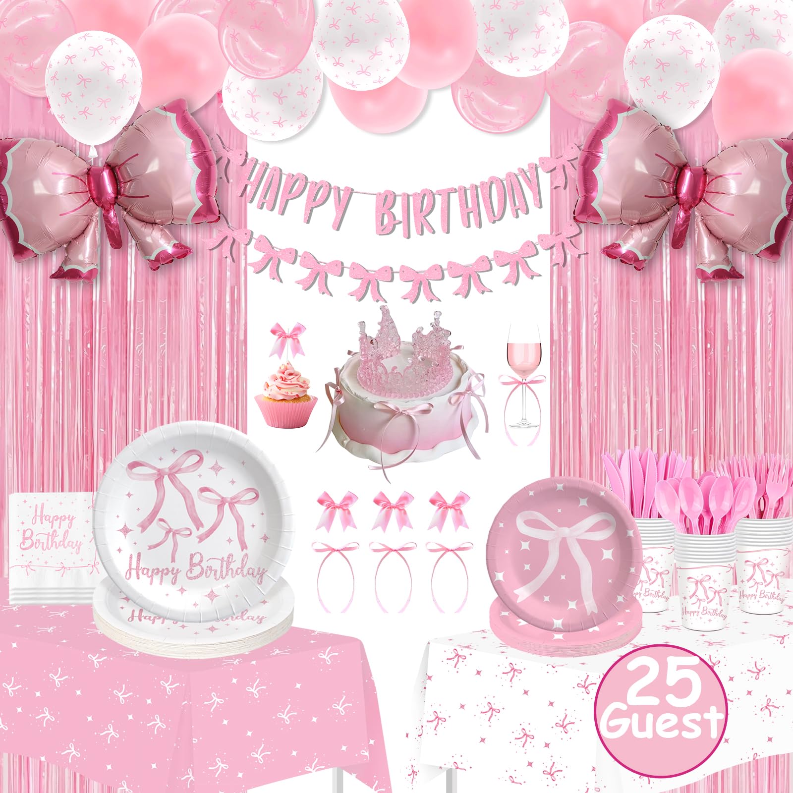 Pink Bow Birthday Decorations Coquette Birthday Decorations Maudundon Bow Plates [300 GSM] Girls Just Wanna Be One Baby Shower Cupcake Toppers Preppy