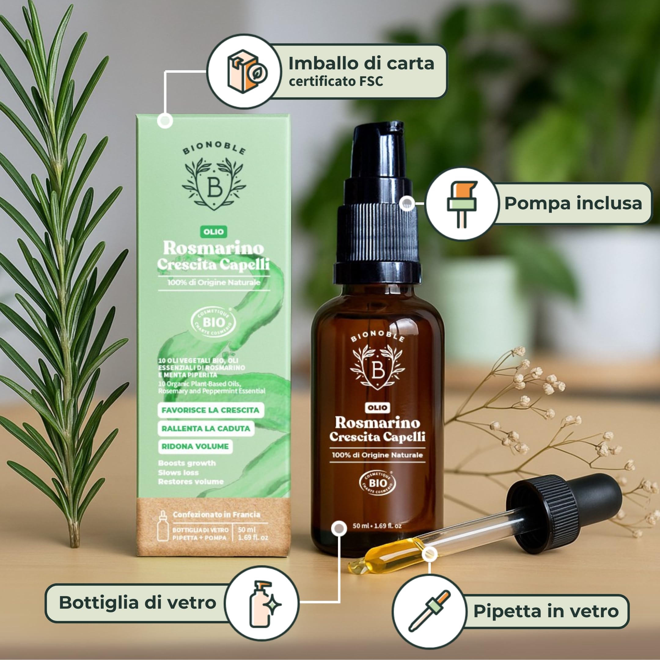 BIONOBLE Olio di Rosmarino per Capelli Bio - Stimola Crescita, Nutre il Cuoio Capelluto - Olio Capelli Rosmarino, Ricino, Argan - Rosemary Oil for Hair Growth - Bottiglia di Vetro, Pipetta - 50ml