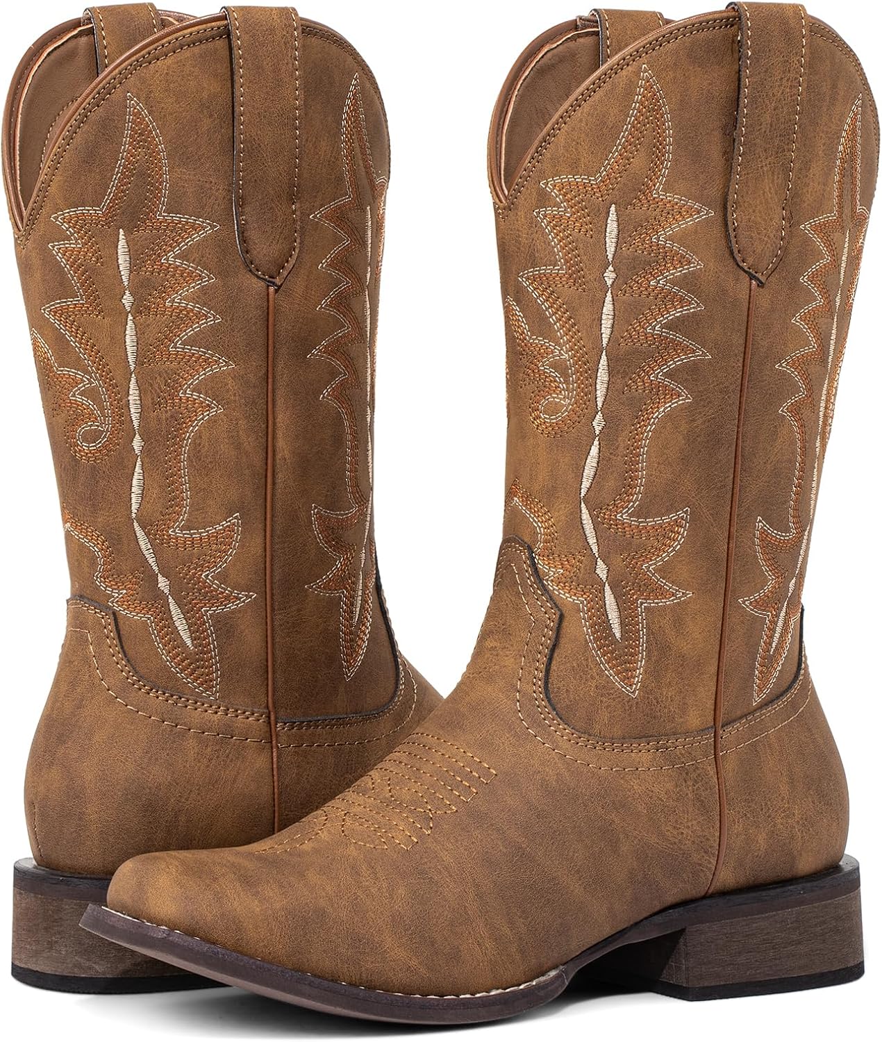 Womens Square Toe Cowboy Boots Mid Calf Western Cowgirl Boots Pull On Fashion Embroidery for Country Concert