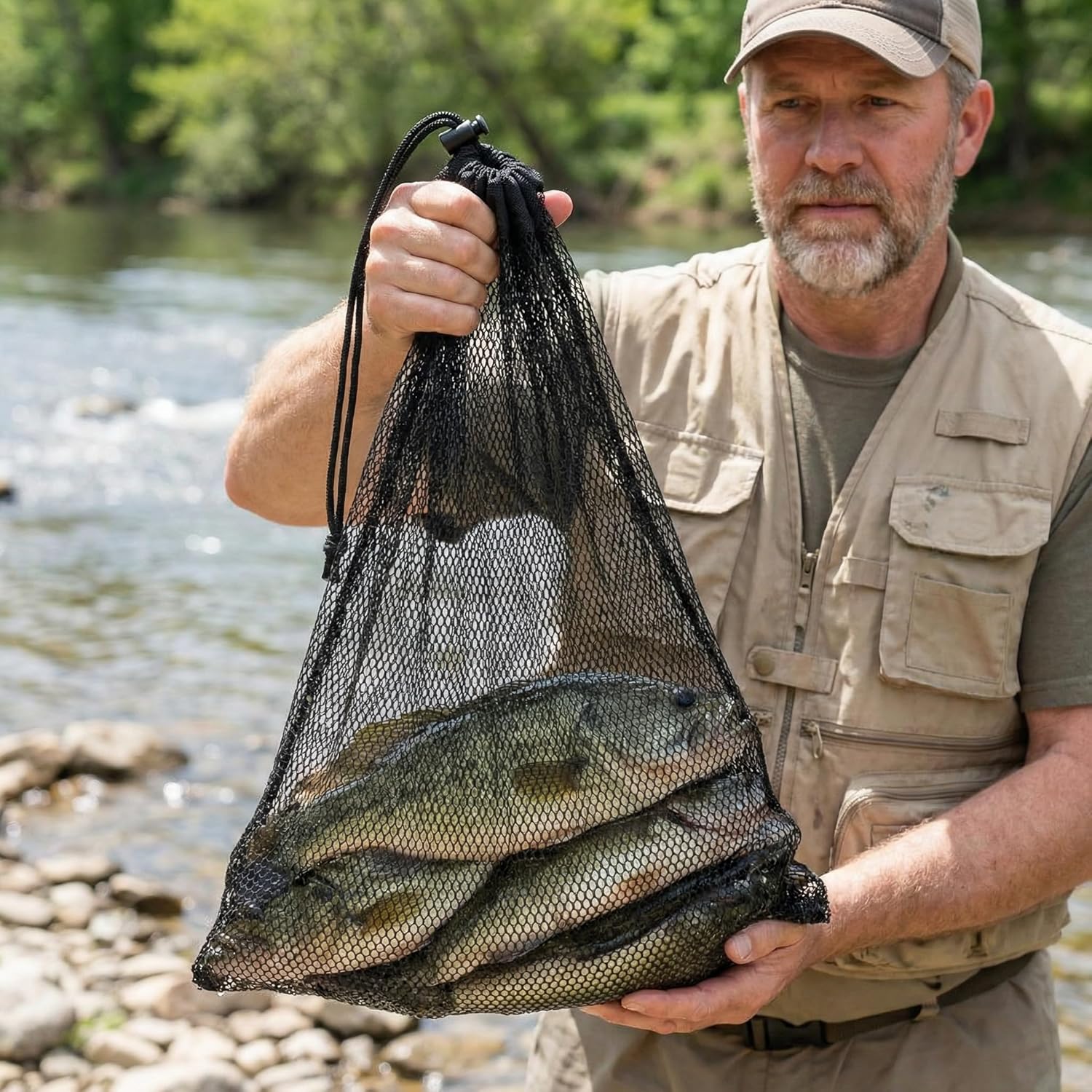 32" Collapsible Fishing Keep Net with Ground Spike, Portable Mesh Bag for Caught Fish, Heavy Duty Basket & Bait Holder, Red de Pesca for Kayak or Ice Fishing Livewell, Small Lobster Catching Net