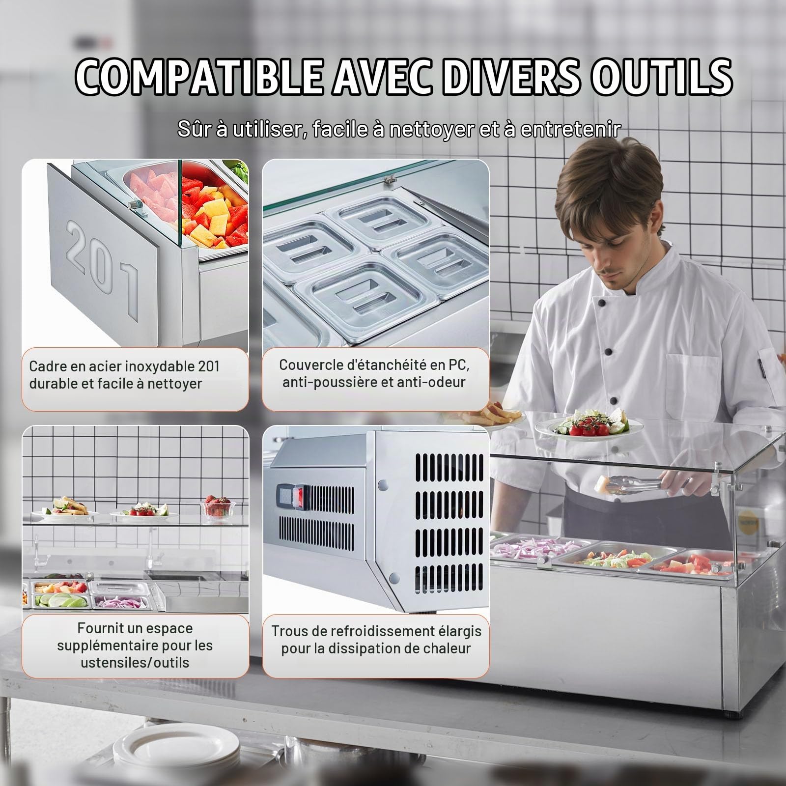 VEVOR Saladette Réfrigérée à Poser 150 W, Vitrine Réfrigérée pour Pizzeria, avec 3 1/3 Casseroles et 4 1/6 Casseroles, Corps en Inox 304 et Couvercle en PC, pour Préparation de Sandwich Ingrédients