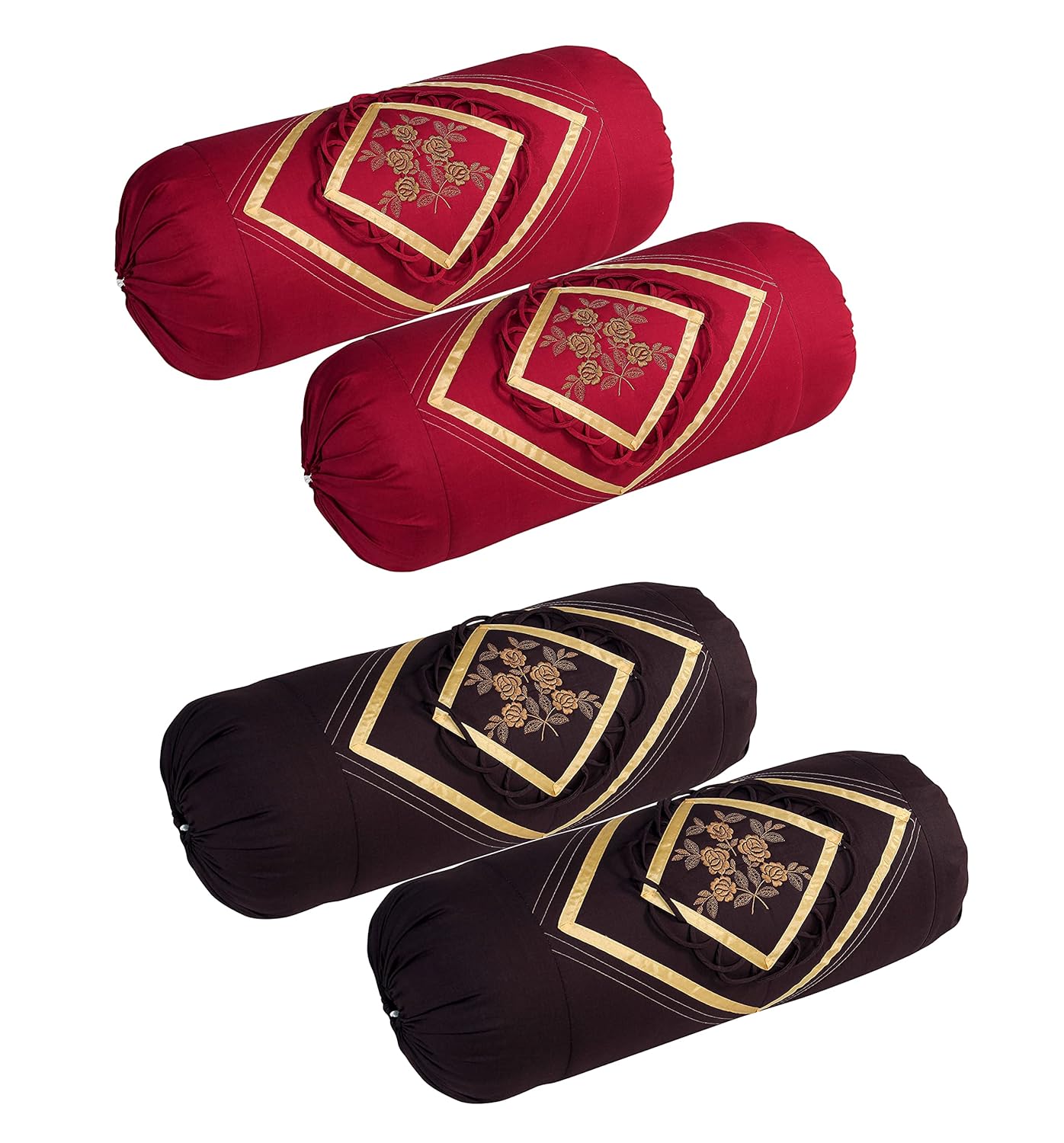 Rj Products Embroided Cotton Bolster Covers Set of 4 piece Maroon and