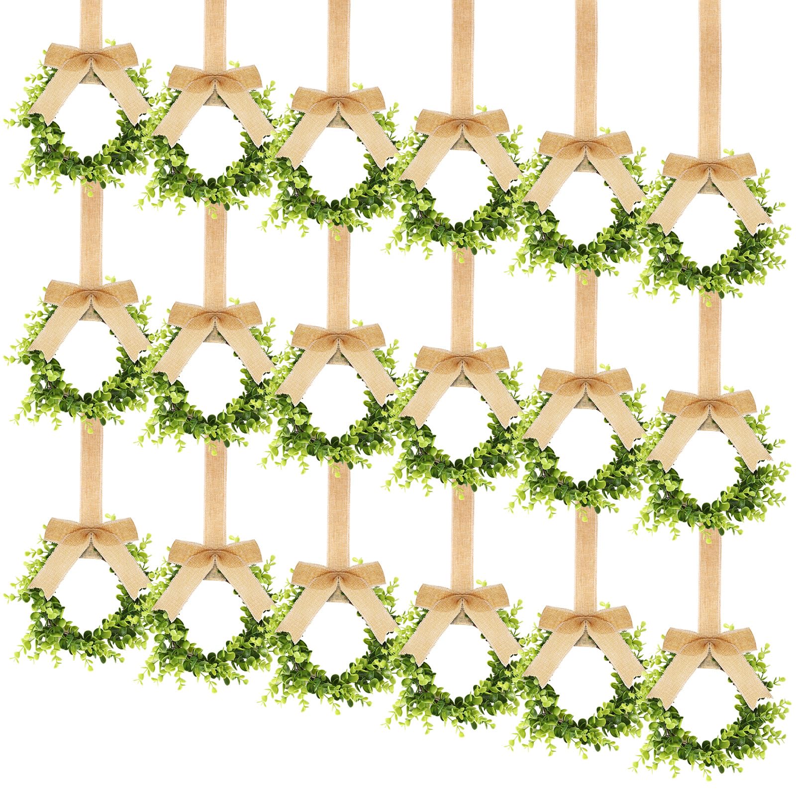 Unittype 18 Pcs Christmas Faux Kitchen Cabinet Wreaths Mini Christmas Hanging Window Wreaths with Ribbon Buffalo Plaid Bow Artificial Greenery Farmhouse for Christmas Decoration (Linen Color)