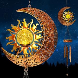Solar Wind Chimes with LED Light-Outside Moon Sun Lighted Waterproof Wind Chime for Garden, Tree, Patio Hanging Ornament