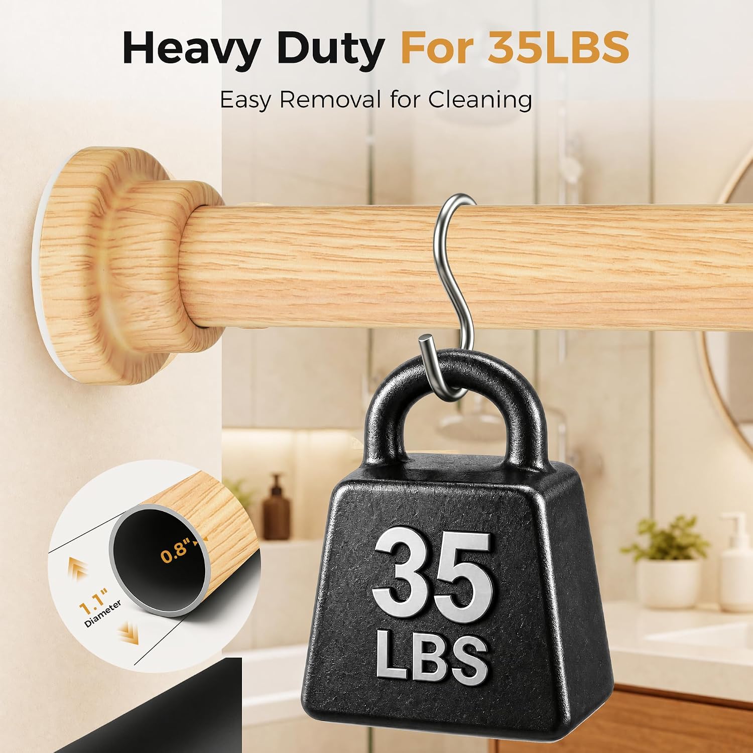 Wood Grain Shower Curtain Rod 31-64 Inch,Heavy Duty Tension Rod,No Drill
