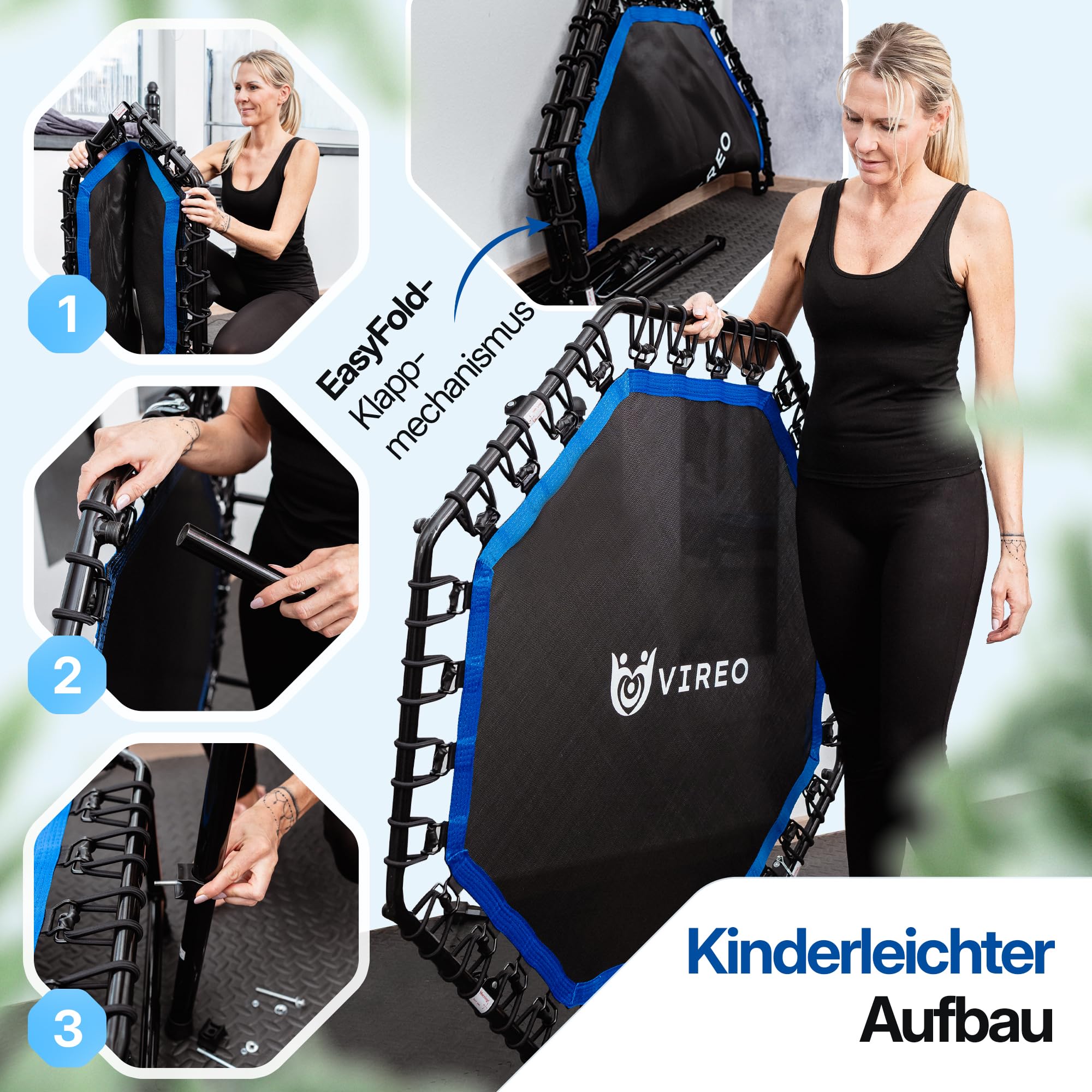 VIREO Fitness Trampolin Indoor Erwachsene [Klappbar & Stabil] mit Haltegriff – Mini Trampoline Ø 102 cm bis 150 kg, Leise & Gelenkschonend, Jumping Fitness & Sprung für Zuhause inkl. Widerstandsbänder