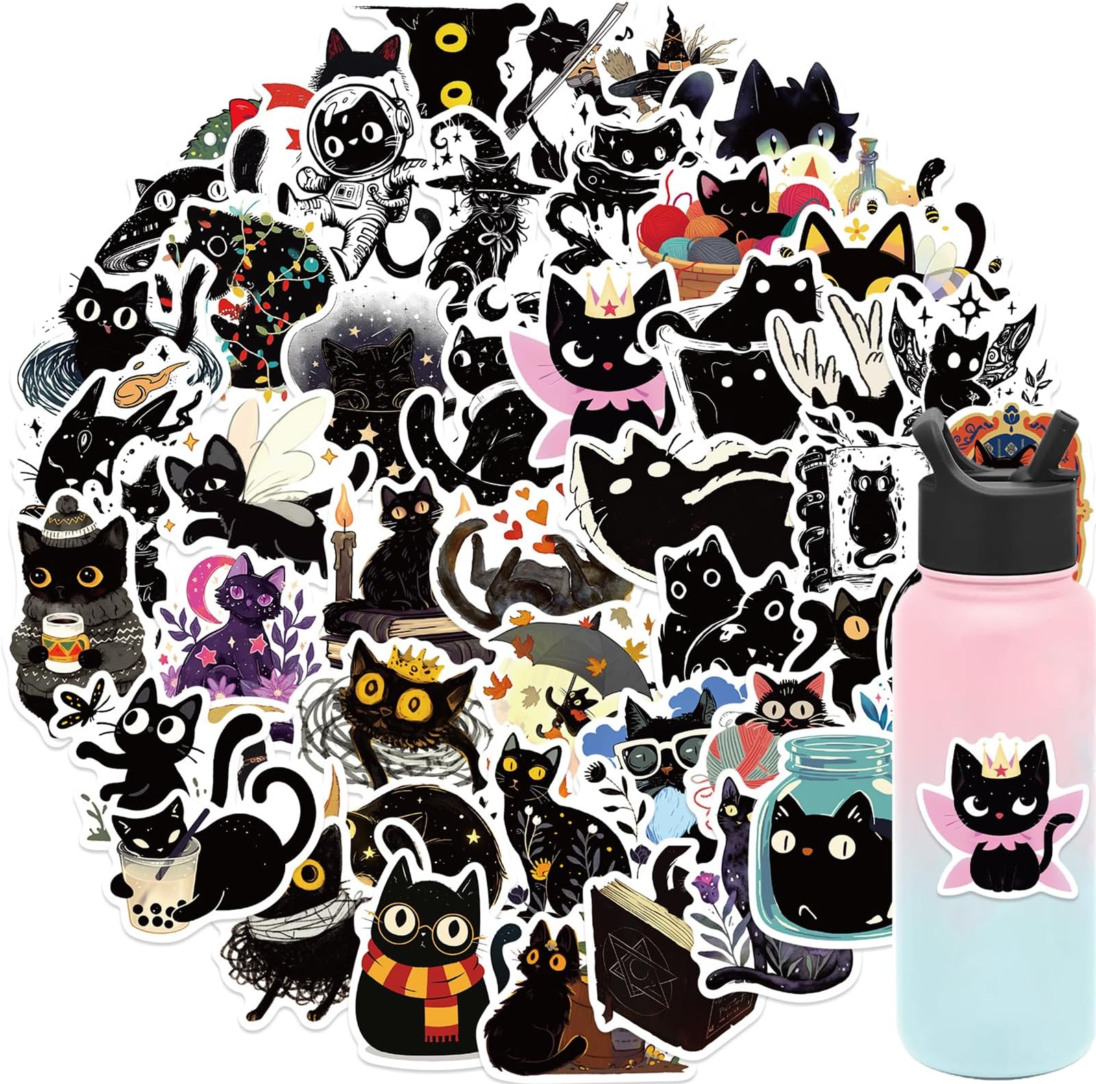 Cute Black Cat Sticker for Kid - Sticker Graphic - Cartoon Stickers for Water Bottles Laptop Cat Meme Stickers Waterproof Aesthetic Vinyl Decals Stickers for Adults Teens