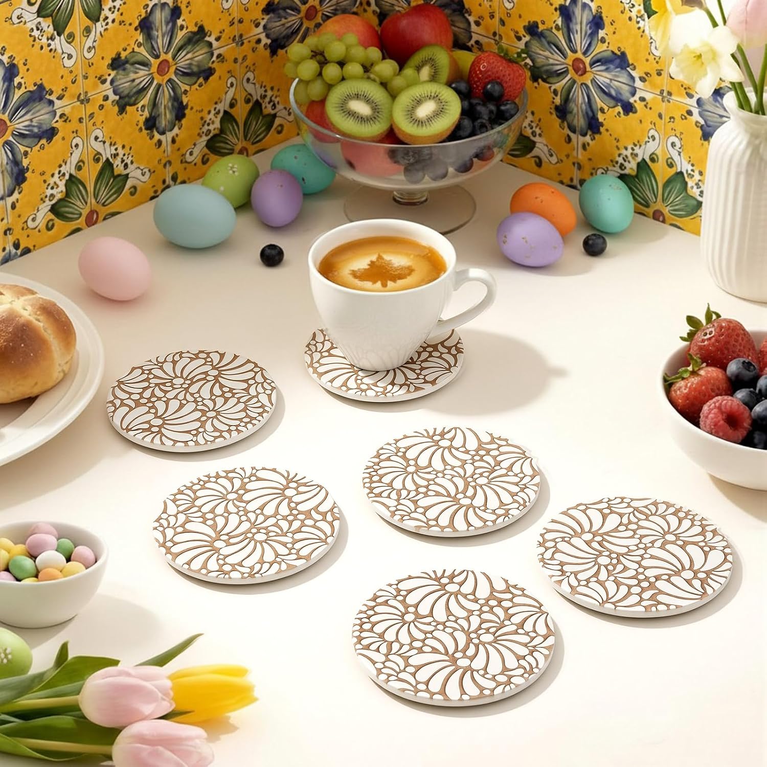 Talavera Coasters for Drinks Set of 6 with Holder Mexican Round Ceramic Stone Mat Absorbent Cielito Lindo Party Favor 3.9 Inch Round Boho Drink Coaster for Housewarming Room Bar Decor