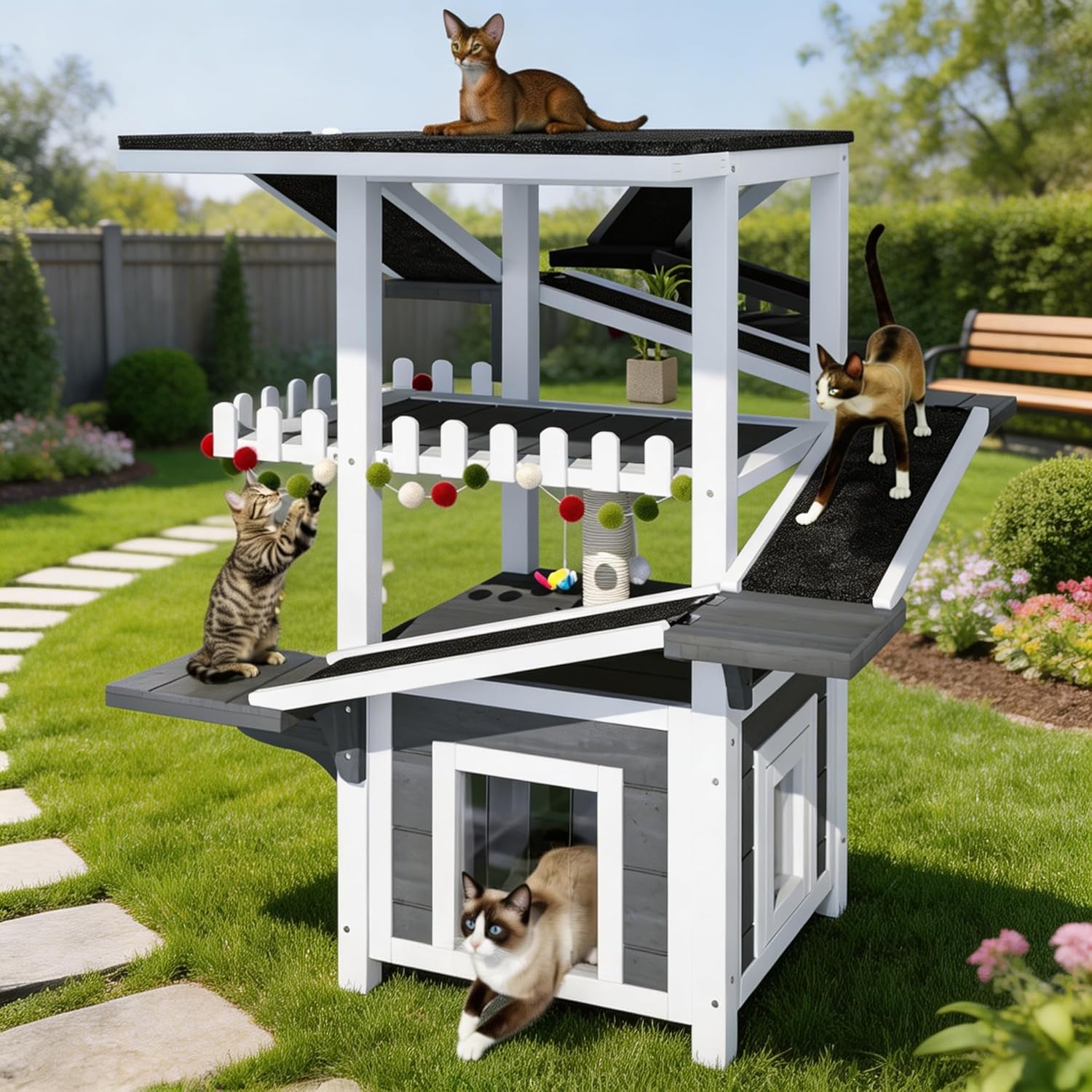 4 Tiers Outdoor Cat House, Weatherproof Cat Tree Tower with Waterproof Roof, 2 Doors, Feral Cat Shelter, Enclosure with Multi-Level Play Zones & Balcony for Small Animals, Grey + White