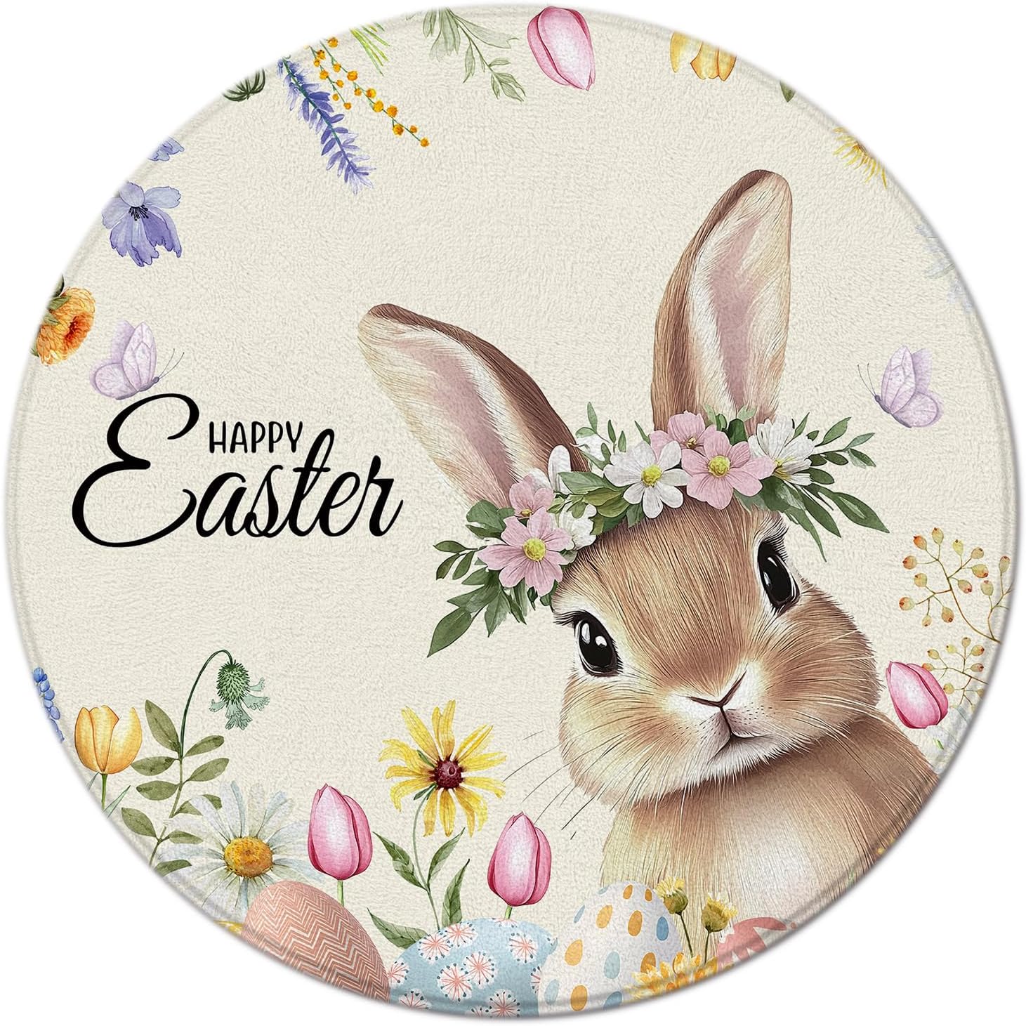 Happy Easter Round Area Rug Spring Bunny Cute Rabbits Eggs Watercolor Floral for Bedroom Living Room Home Decor (4' Round)