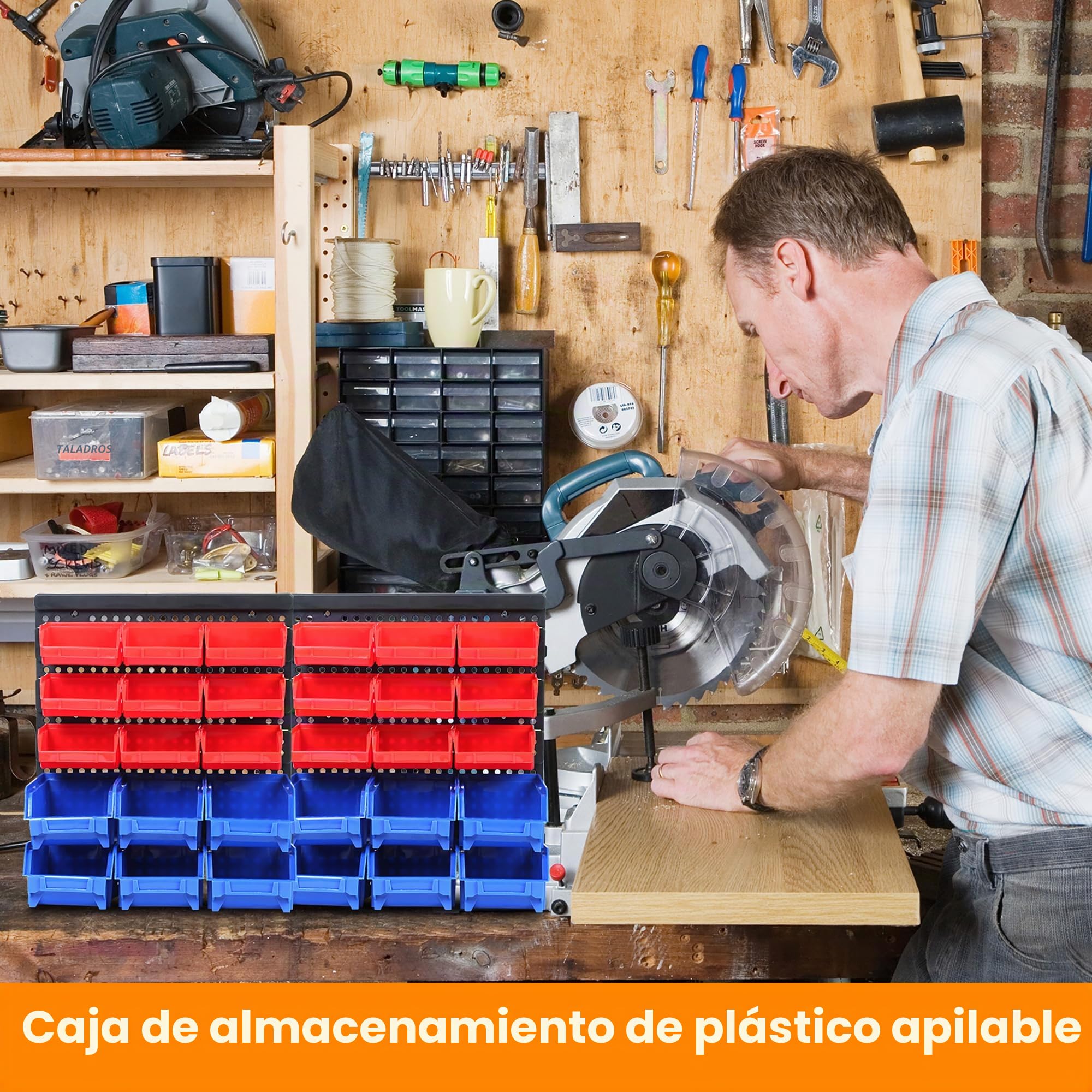 MaxWorks 80694 80694-Estante de Montaje en Pared contenedores para Tus Tuercas, Pernos, Tornillos, Clavos, Cuentas, Botones, Otras Piezas pequeñas, Azul y Rojo, 30 Bin