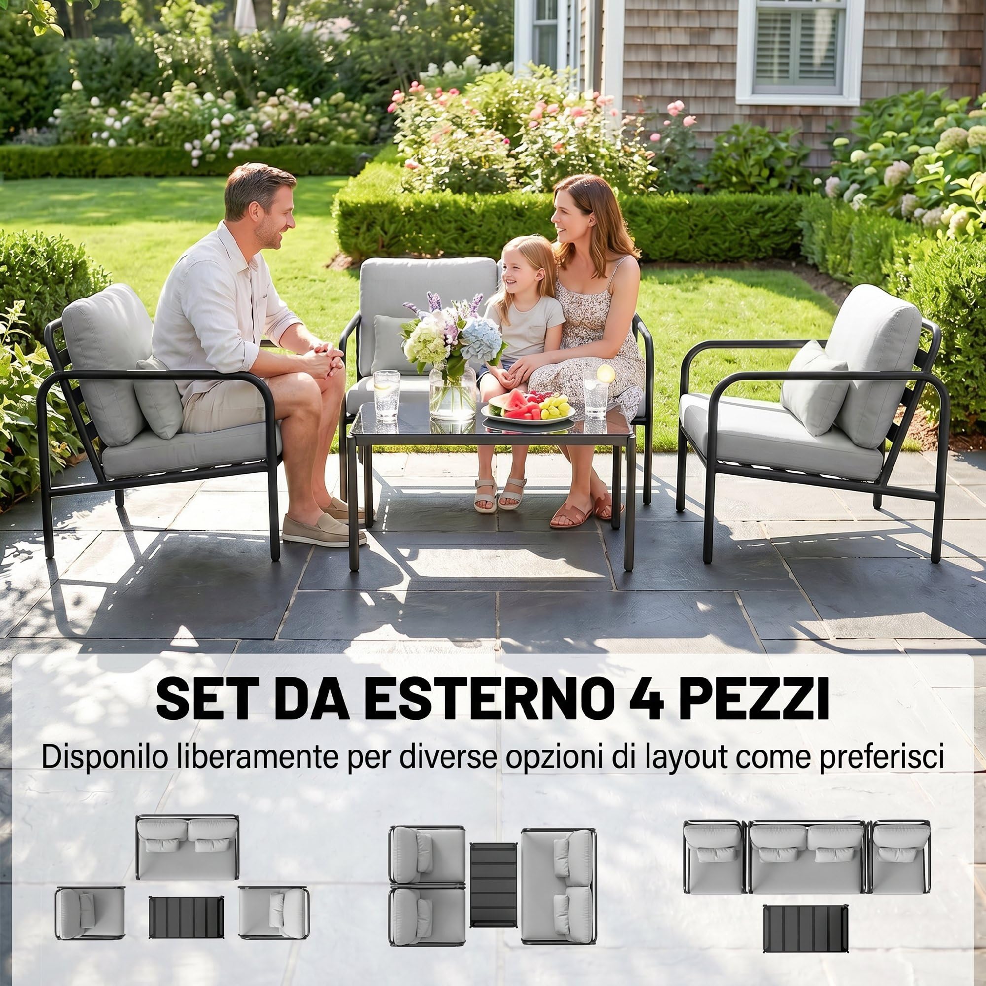 Outsunny Set Salotto da Giardino 4 Pezzi, Acciaio, Divano 2 Posti, Poltrone, Tavolino Vetro, Cuscini, Grigio Chiaro