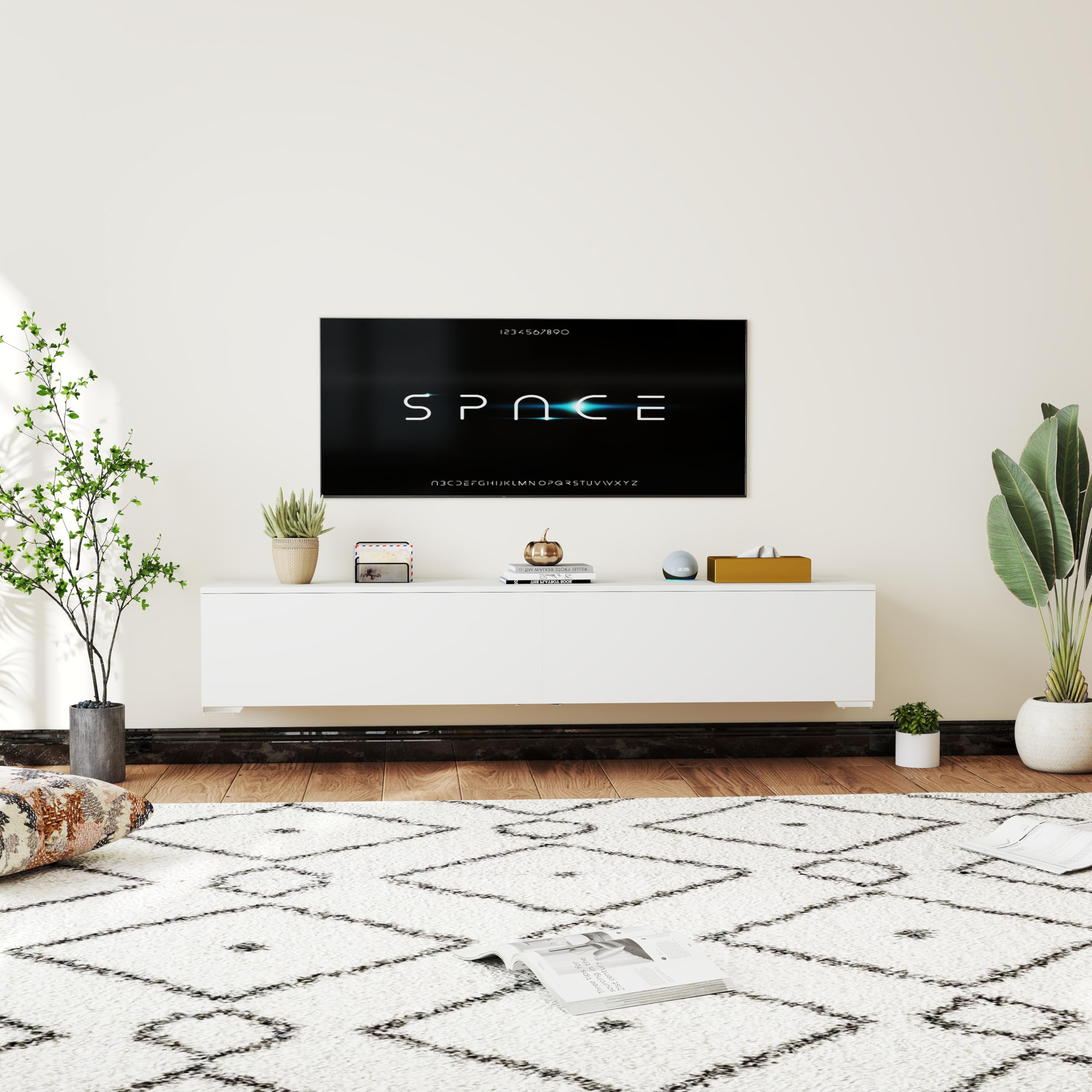 Muebles TV Salon Modernos, Mueble TV Flotante Blanco 180 cm con Espacio de Almacenamiento y Efecto RGB Multicolor Variable